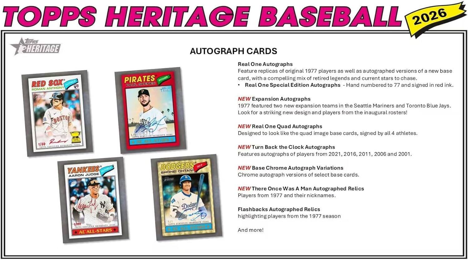 TOPPS HERITAGE BASEBALL 2026

AUTOGRAPH CARDS

Real One Autographs
Feature replicas of original 1977 players as well as autographed versions of a new base card, with a compelling mix of retired legends and current stars to chase.
- Real One Special Edition Autographs - Hand numbered to 77 and signed in red ink.

NEW Expansion Autographs
Features autographs of players from 2021, 2016, 2011, 2006 and 2001.

NEW Real One Quad Autographs
Designed to look like the quad image base cards, signed by all 4 athletes.

NEW Turn Back the Clock Autographs
Features autographs of players from 2021, 2016, 2011, 2006 and 2001.

NEW Base Chrome Autograph Variations
Chrome autograph versions of select base cards.

NEW There Once Was A Man Autographed Relics
Players from 1977 and their nicknames.

Flashbacks Autographed Relics
Highlighting players from the 1977 season

And more!