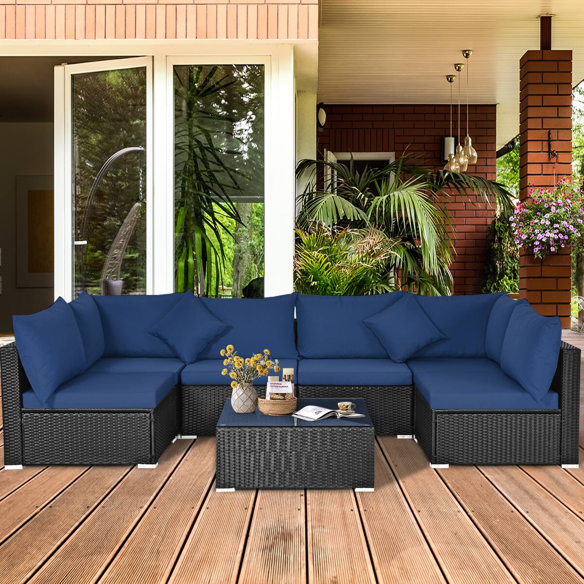 Alt View 3. Gymax - Gymax 7PCS Rattan Patio Conversation Set Sectional Furniture Set w/ Navy Cushion - Navy Blue.