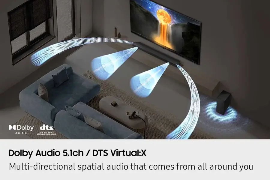 Dolby Audio 5.1ch / DTS / DTS Virtual:X Multi-directional spatial audio that comes from all around you.