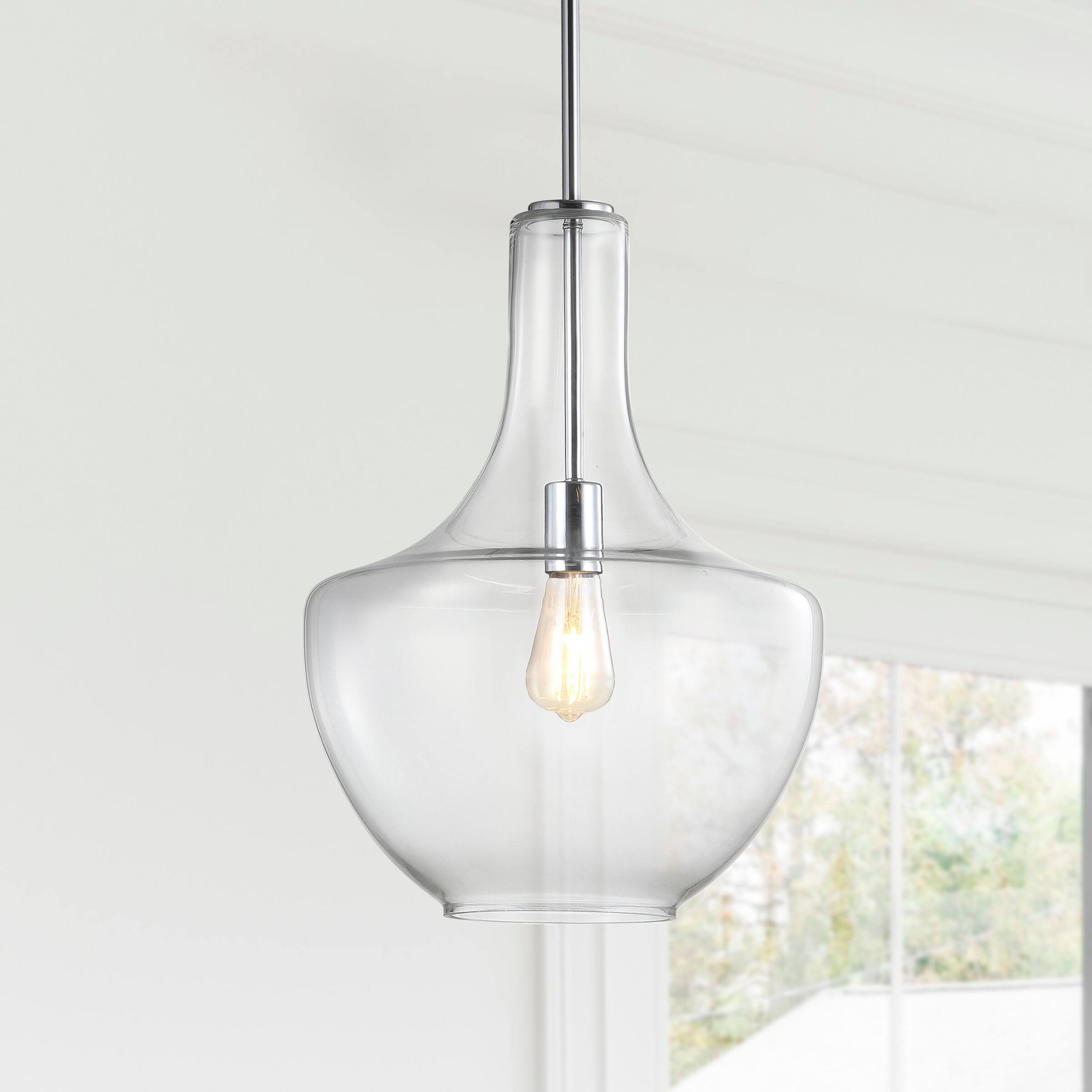 Alt View 1. Jonathan Y - Watts 13.25" 1-Light Mid-Century Modern Iron/Glass LED Pendant, Chrome/Clear - Chrome/Clear.