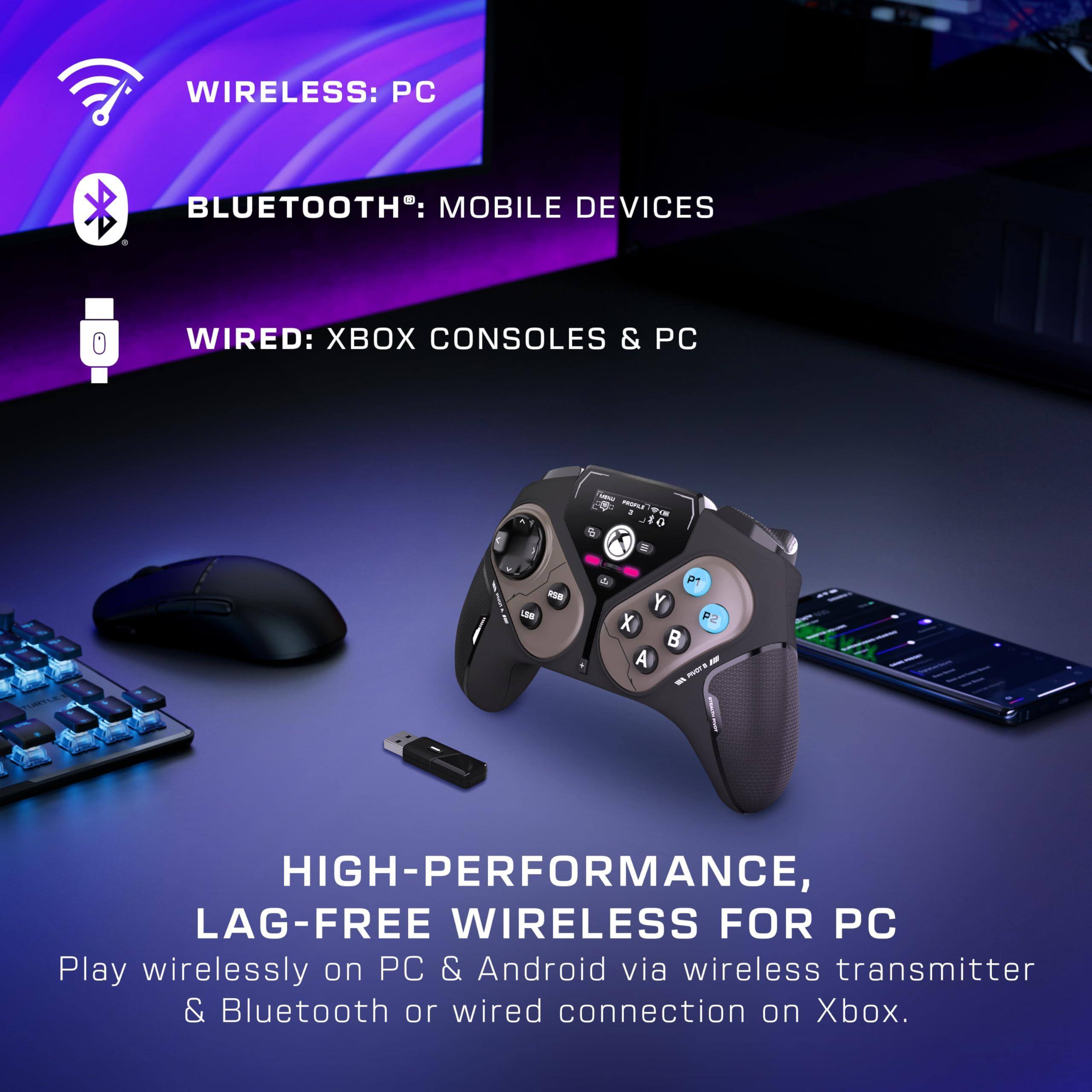 **WIRELESS: PC**  
**BLUETOOTH®: MOBILE DEVICES**  
**WIRED: XBOX CONSOLES & PC**

**HIGH-PERFORMANCE, LAG-FREE WIRELESS FOR PC**  
Play wirelessly on PC & Android via wireless transmitter & Bluetooth or wired connection on Xbox.