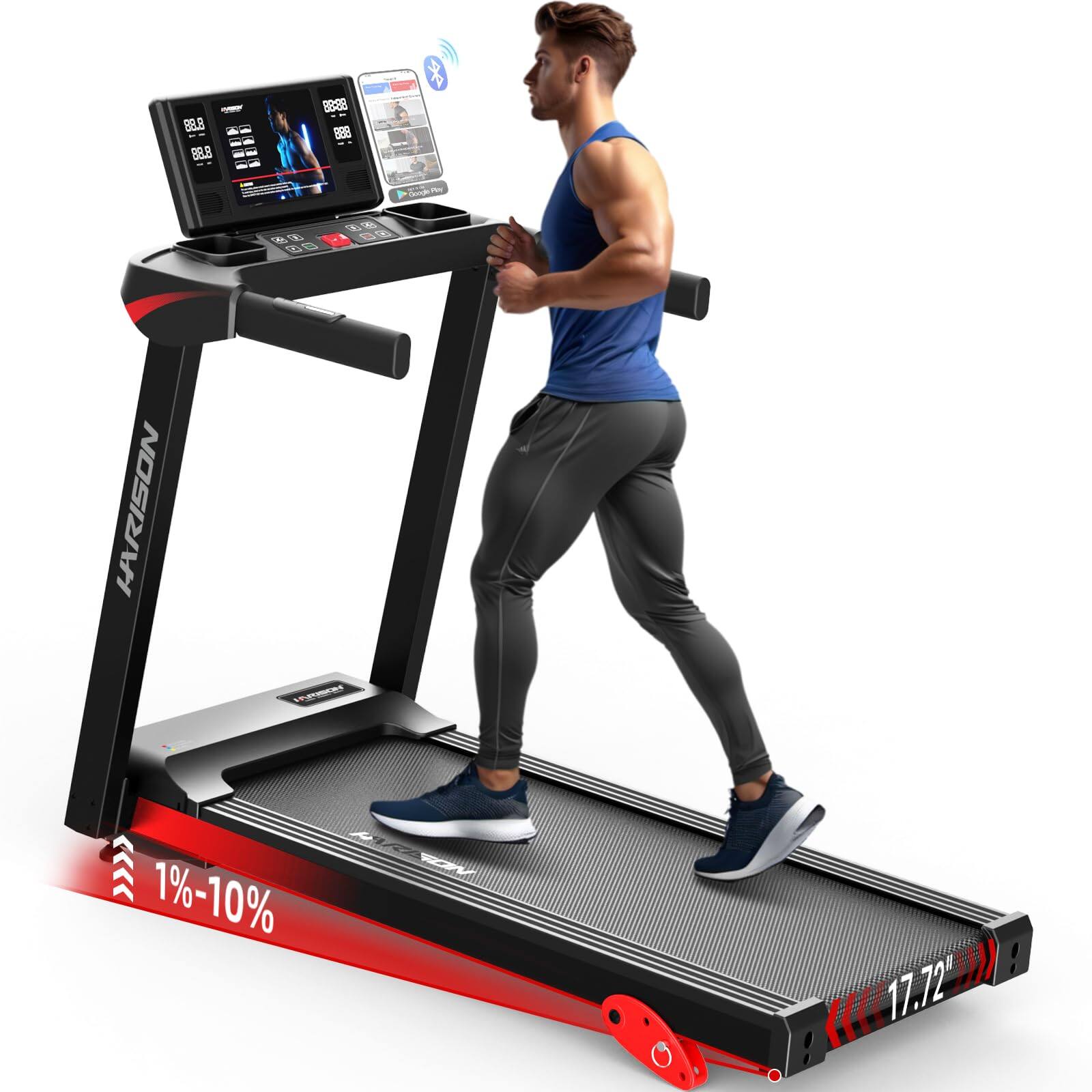 HARISON - Treadmill for Home with Incline, 3.0HP Running Machine 300 lbs Capacity with Bluetooth Speaker - Black