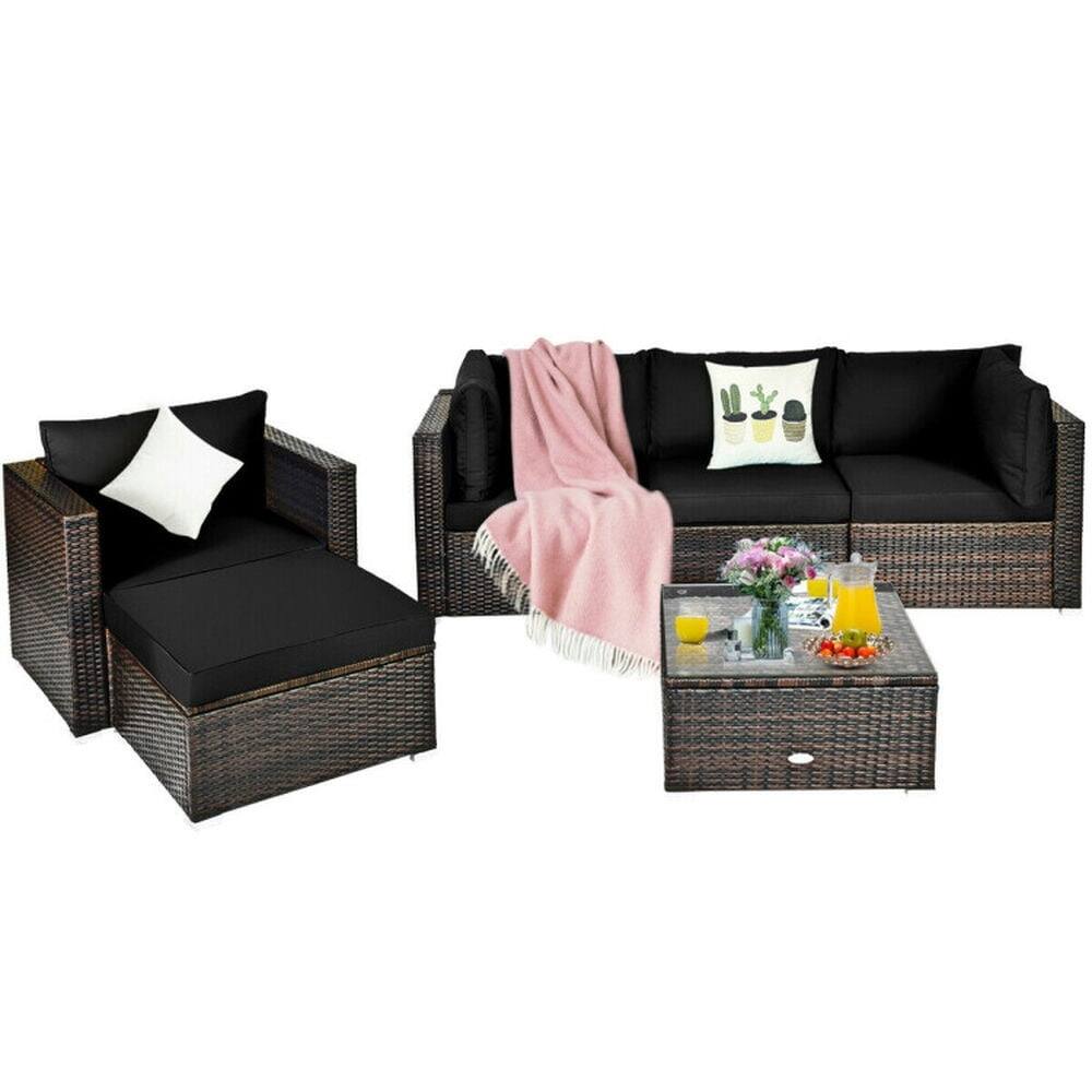Alt View 2. Pefilos - 6 Pieces PE Rattan Furniture Set with Aluminum L-Shaped Footpads, Outdoor Conversation Set with Sectional Cushion - Black.