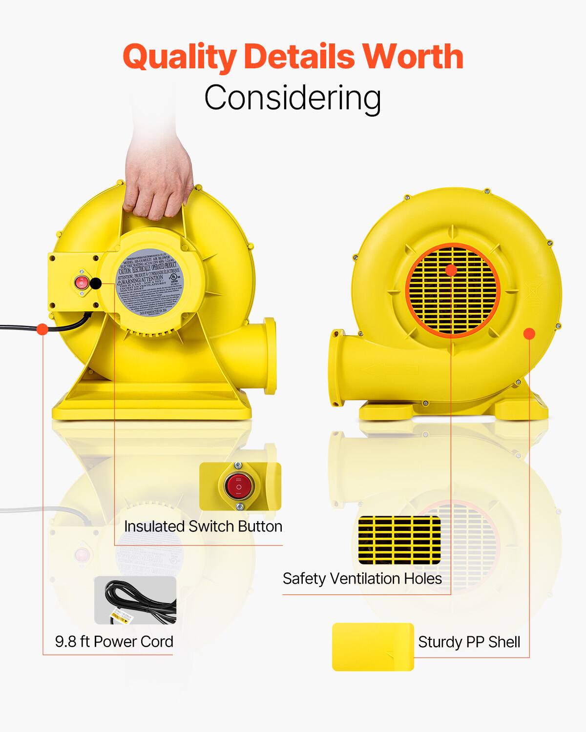 Quality Details Worth Considering

- Insulated Switch Button
- Safety Ventilation Holes
- 9.8 ft Power Cord
- Sturdy PP Shell