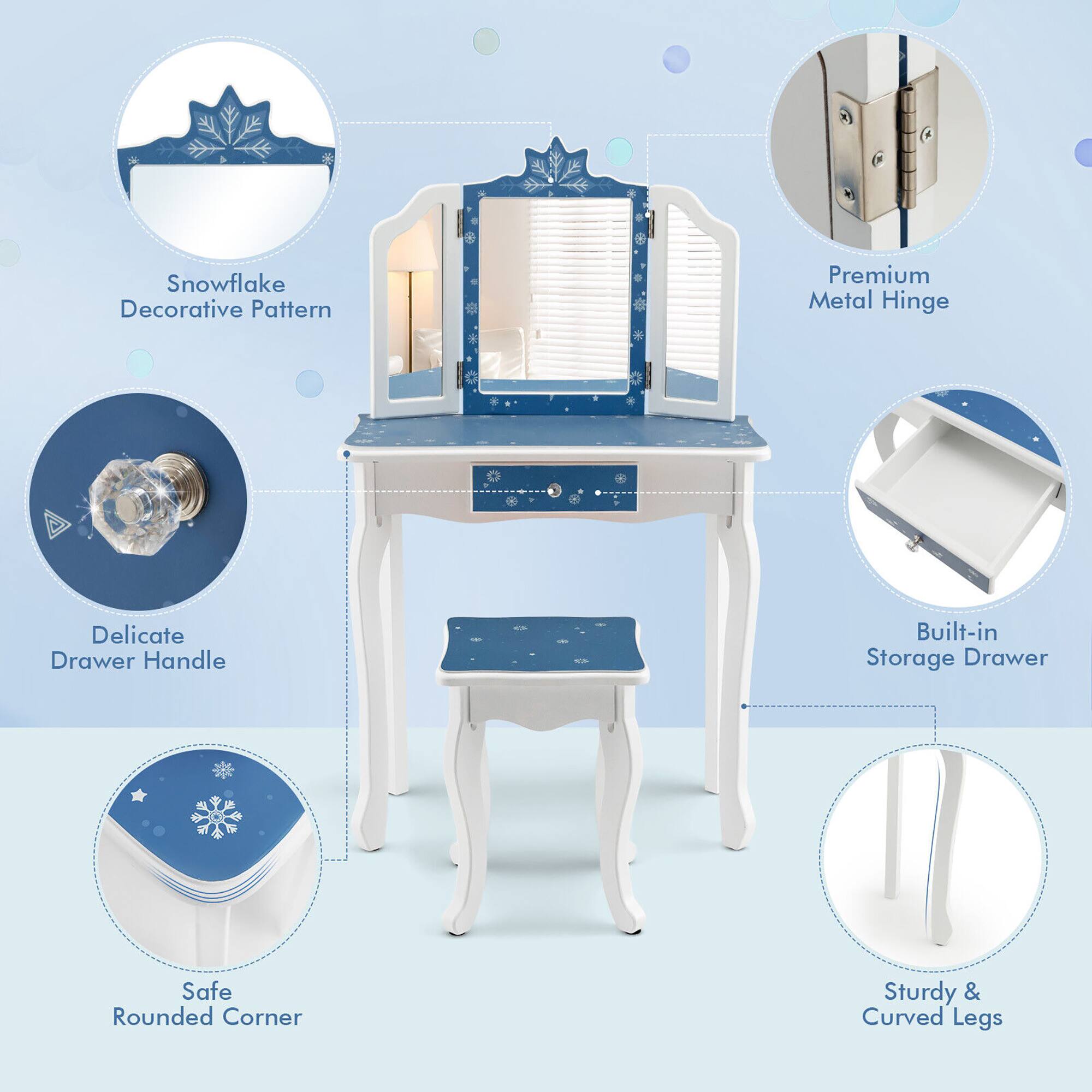 - Snowflake Decorative Pattern
- Premium Metal Hinge
- Delicate Drawer Handle
- Built-in Storage Drawer
- Safe Rounded Corner
- Sturdy & Curved Legs