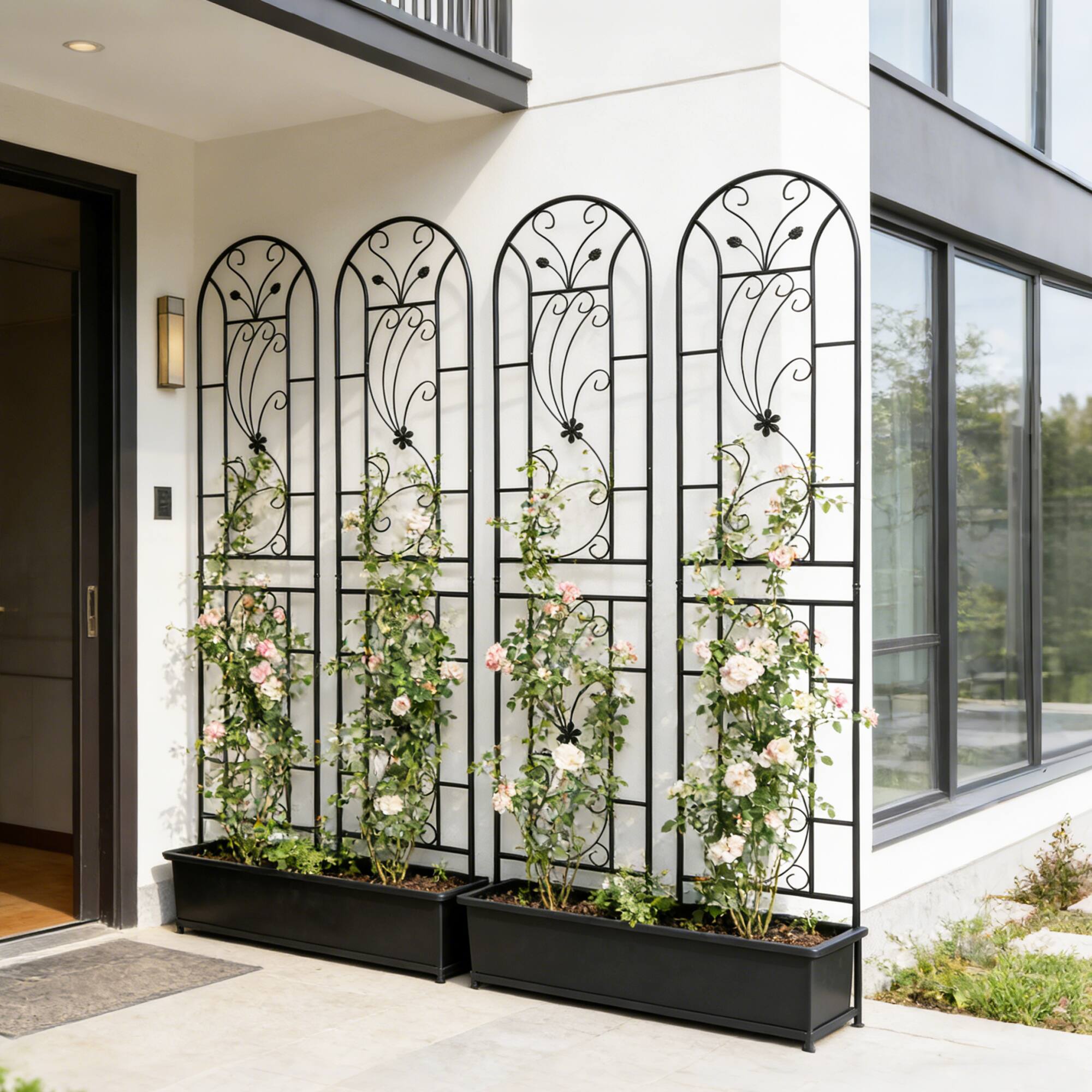 Left. Loheer - 4 Pack Rustproof Metal Garden Trellis 7.2 ft x 1.6 ft for Climbing Plants Peacock Style.