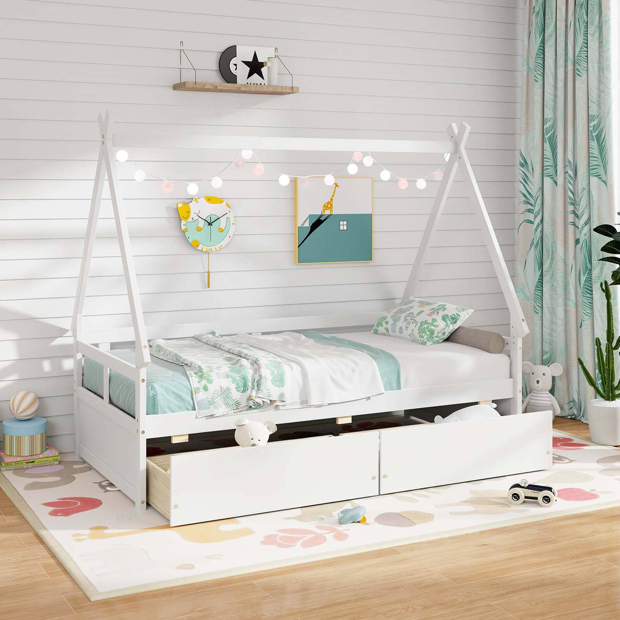 Alt View 4. Costway - Costway Twin Size House Bed with Roof Safety Guardrail 2 Storage Drawers Wood Slat Support - White.