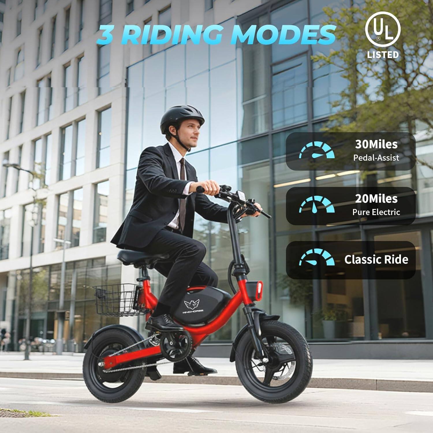 3 RIDING MODES

- 30Miles Pedal-Assist
- 20Miles Pure Electric
- Classic Ride