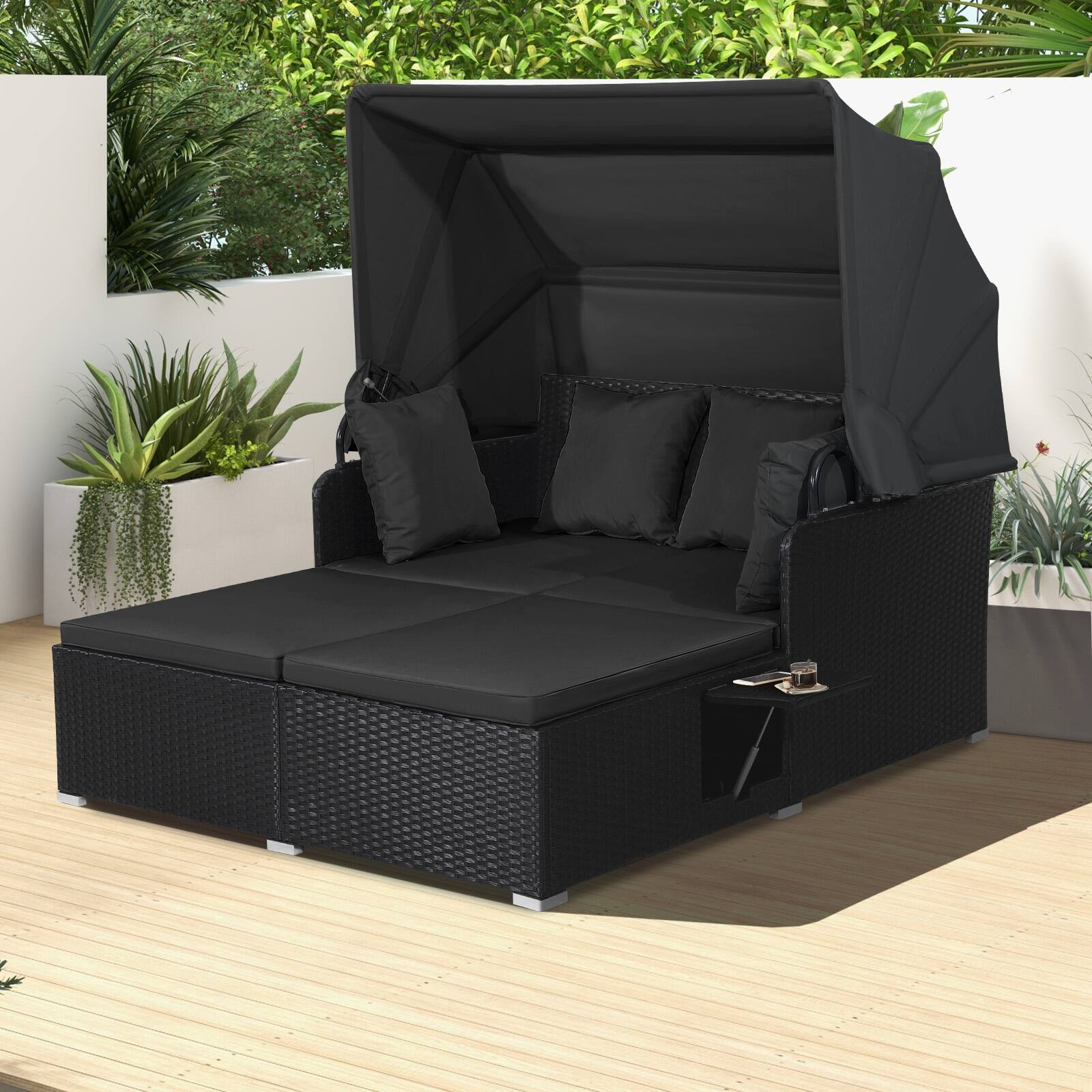 Alt View 9. Gymax - Gymax Patio Rattan Daybed Lounge Retractable Top Canopy Side Tables Cushions Beige Outdoor - Black.