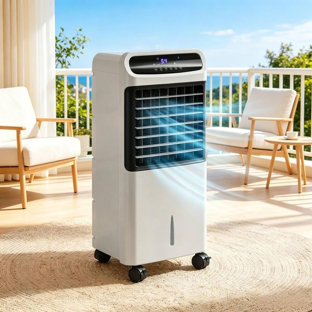 Left. Loheer - Loheer Evaporative Air Cooler, Portable Ice Cooling Fan with Remote, Mobile Room Cooler on Wheels, Gray.