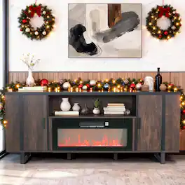 Parrot Uncle - 72" Farmhouse TV Stand with Electric Fireplace, Open Storage Shelves and Cabinets for TV up to 80" - Brown