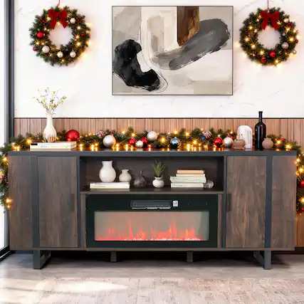 Front. Parrot Uncle - 72" Farmhouse TV Stand with Electric Fireplace, Open Storage Shelves and Cabinets for TV up to 80" - Brown.
