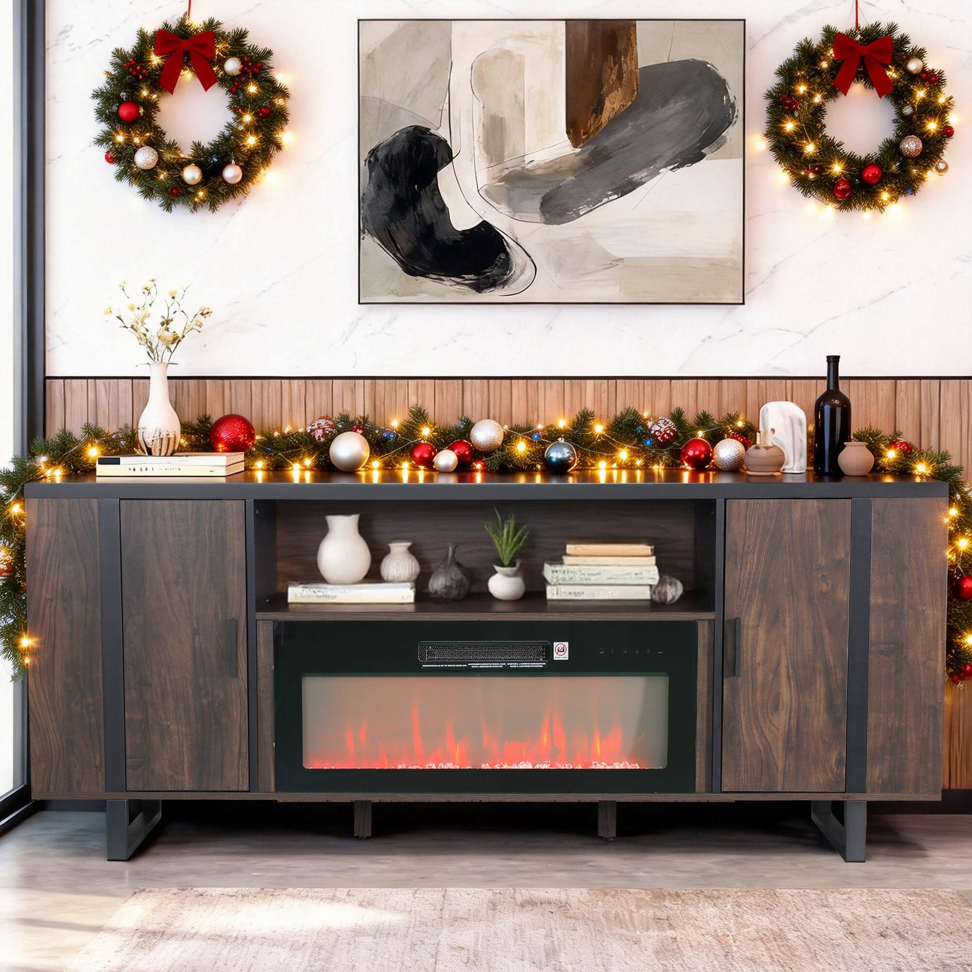 Front. Parrot Uncle - 72" Farmhouse TV Stand with Electric Fireplace, Open Storage Shelves and Cabinets for TV up to 80" - Brown.