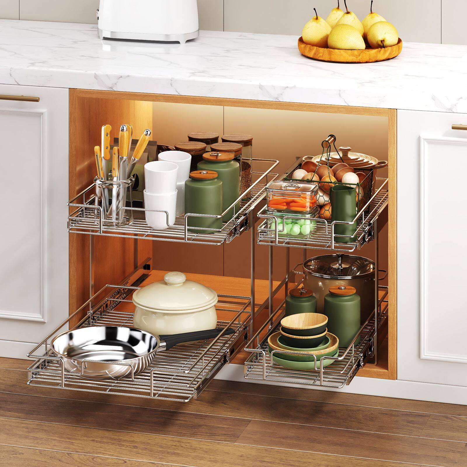 Alt View 5. LOVMOR - 2 Tier Individual Pull Out Cabinet Organizer 19½in W x 21½in D Slide Out Kitchen Cabinet Storage Sliding Shelves - Silver.