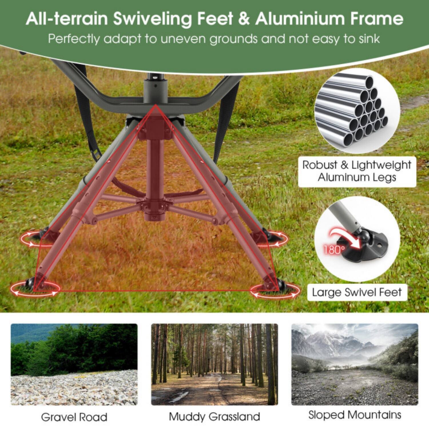 All-terrain Swiveling Feet & Aluminium Frame  
Perfectly adapt to uneven grounds and not easy to sink  

Robust & Lightweight Aluminum Legs  
Large Swivel Feet (180°)  

Gravel Road  
Muddy Grassland  
Sloped Mountains