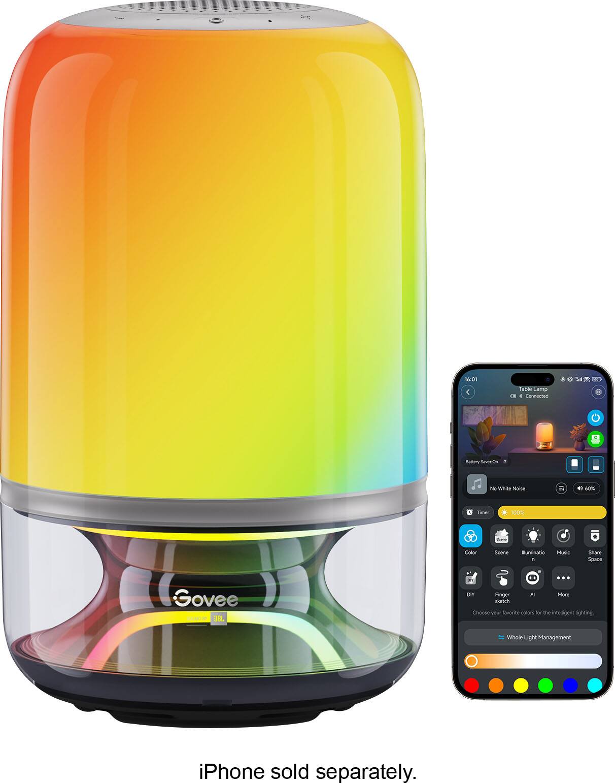1607 C Table Lamp  
Connected  
Battery Saver On - No White Noise  
60% Timer 100%  
Color Scene Illumination  
Music Share Space  
Govee  
HBL ... DEY Finger A More Sketch  
Choose your Favorite colors  
Whole Light Management  
iPhone sold separately.