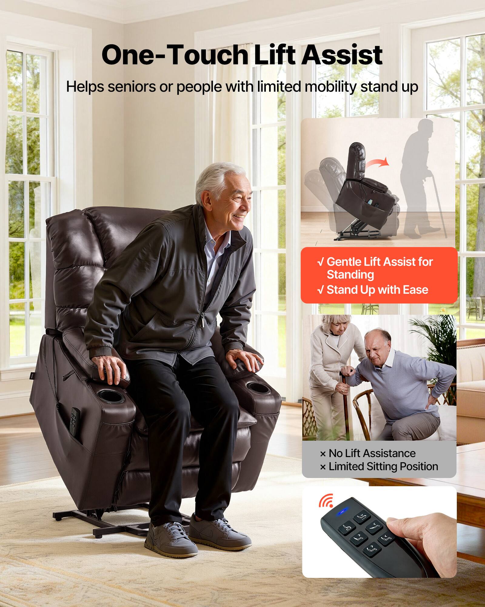 One-Touch Lift Assist  
Helps seniors or people with limited mobility stand up  

- Gentle Lift Assist for Standing  
- Stand Up with Ease  

x No Lift Assistance  
x Limited Sitting Position