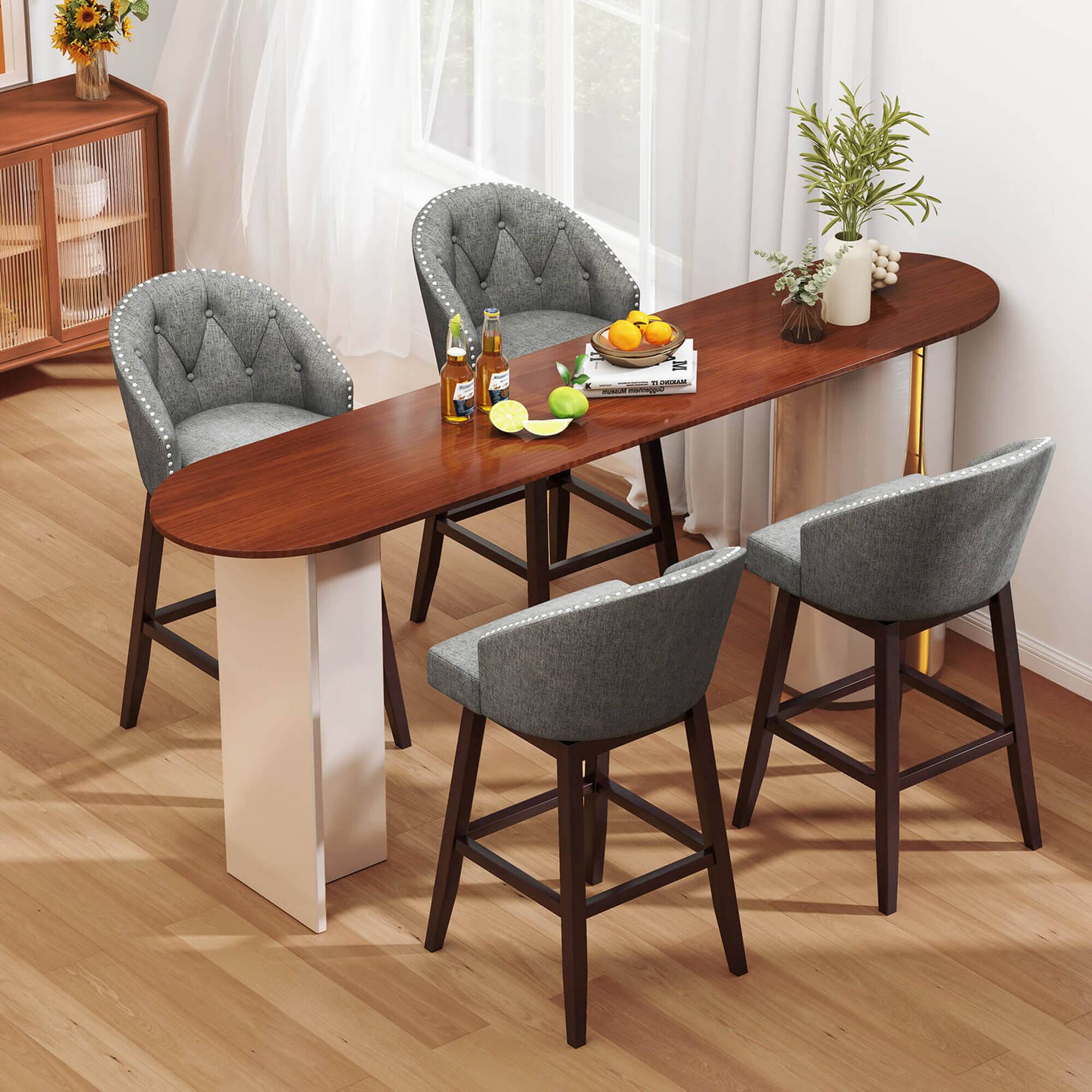 Alt View 4. Costway - 31" Bar Stools Set of 2 with Rubber Wood Frame Swivel Seat Footrest & Rivet - Grey/Brown.