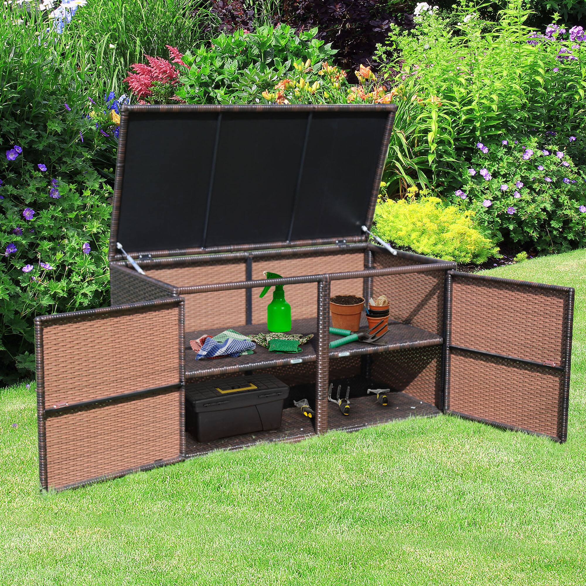 Alt View 2. Gymax - Gymax 88 Gallon Rattan Storage Box Outdoor Patio Container Seat w/ Door Mix Brown - Mix Brown.