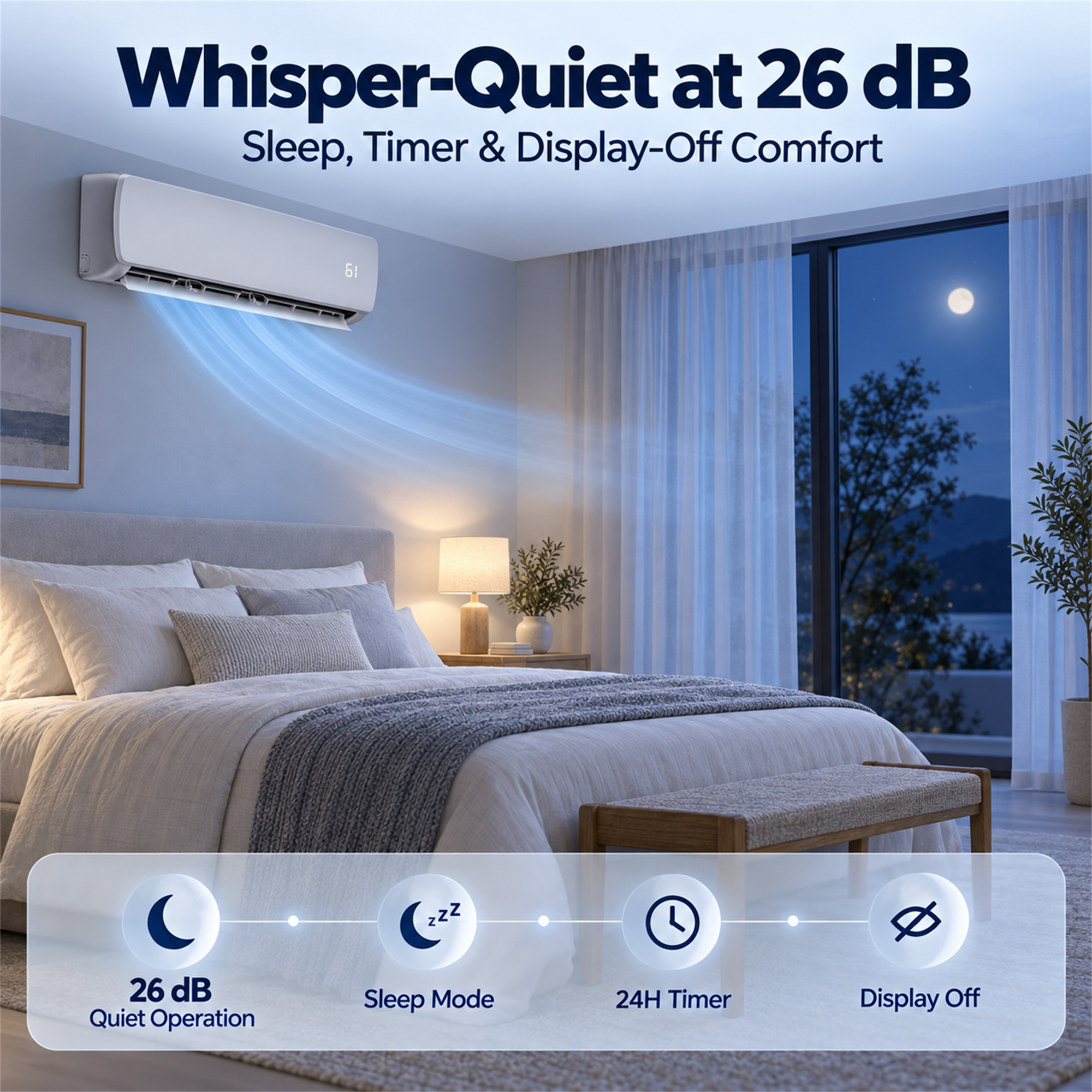 Whisper-Quiet at 26 dB  
Sleep, Timer & Display-Off Comfort

26 dB Quiet Operation  
Sleep Mode  
24H Timer  
Display Off