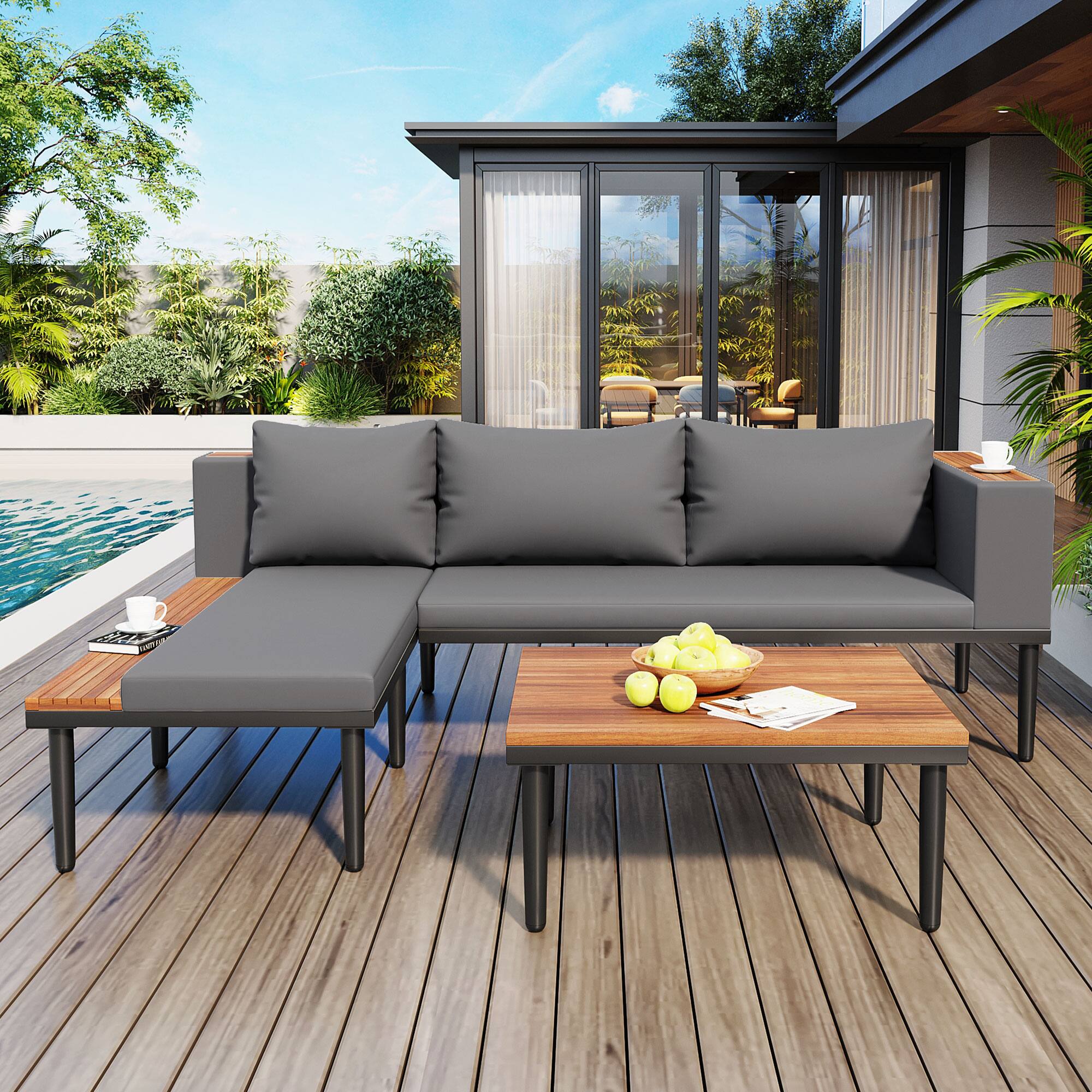 Angle. Tiramisubest - Luxury L-Shaped Patio Set w/Removable Cushions&Coffee Table,Outdoor Conversation Sectional Sofa for Backyard,Porch,Gray - Gray.
