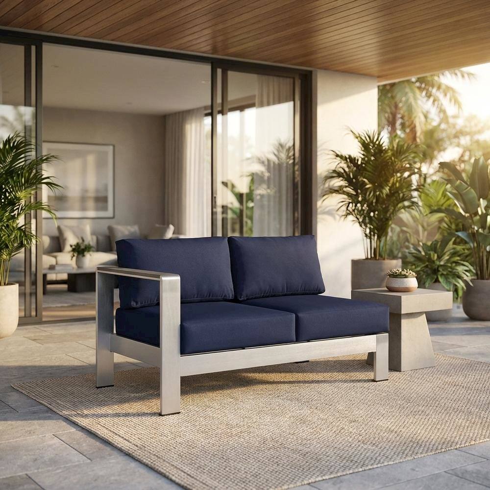 Angle. Outdoor Escape - Outdoor Left-Arm Corner Sectional Loveseat - Aluminum Frame, Cushioned Seating - Silver.