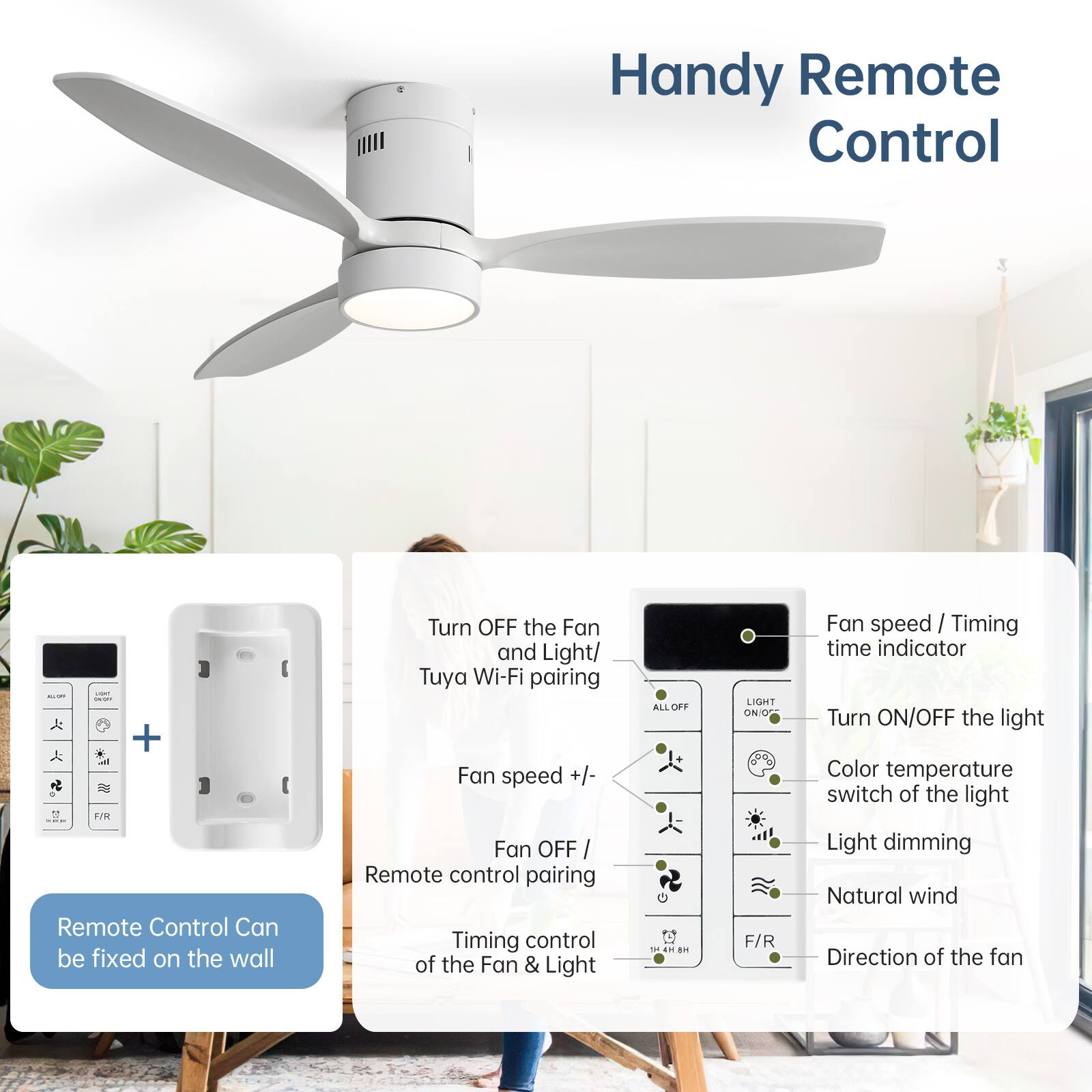 Handy Remote Control

- Remote Control Can be fixed on the wall
- Turn OFF the Fan and Light/ Tuya Wi-Fi pairing
- Fan speed +/- Fan OFF
- Remote control pairing
- Timing control of the Fan & Light
- ALL OFF
- LIGHT ON/OFF
- Fan speed
- Timing time indicator
- Turn ON/OFF the light
- Color temperature switch of the light
- Light dimming
- Natural wind
- Direction of the fan