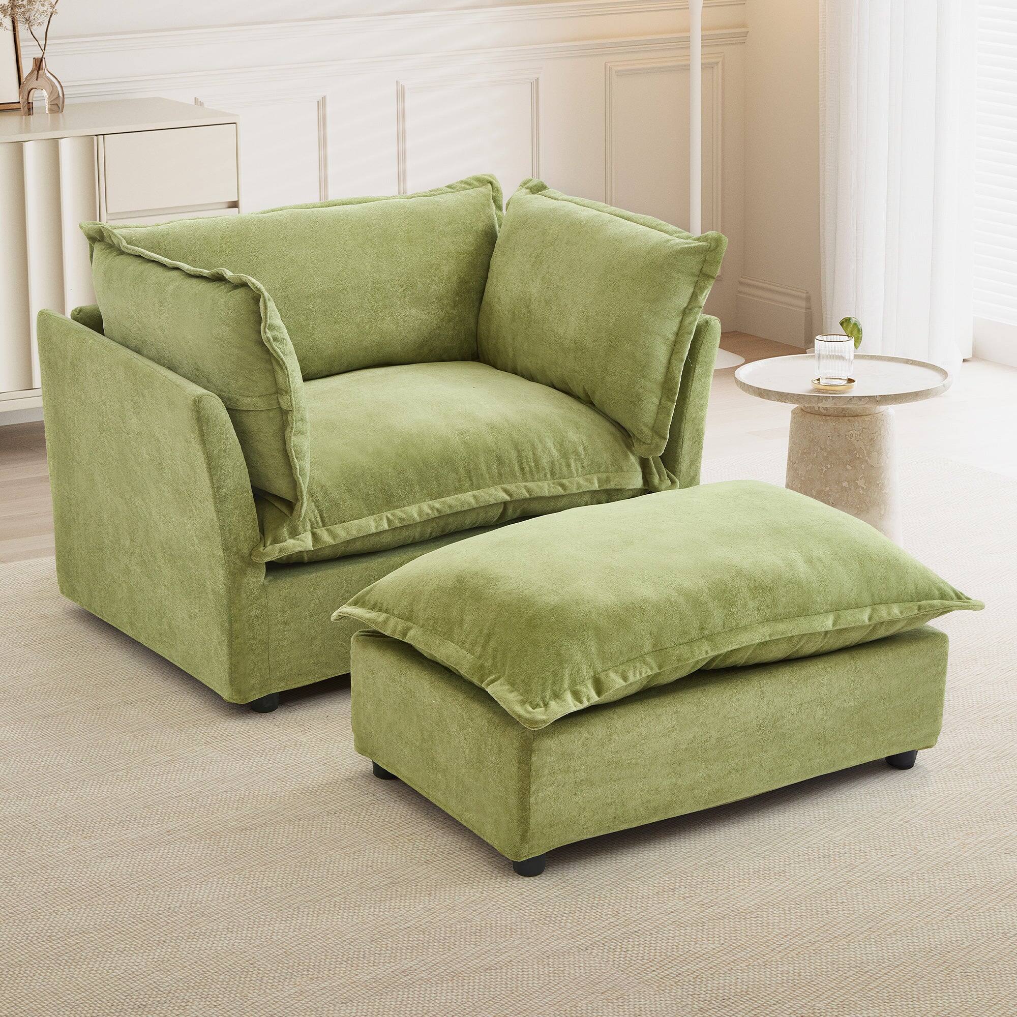Alt View 8. Boyel Living - 47 inch Cozy Upholstered Sofa Chair with Movable Ottoman Wide Seat Curved Armrests and Soft Pillows in Green - Green.