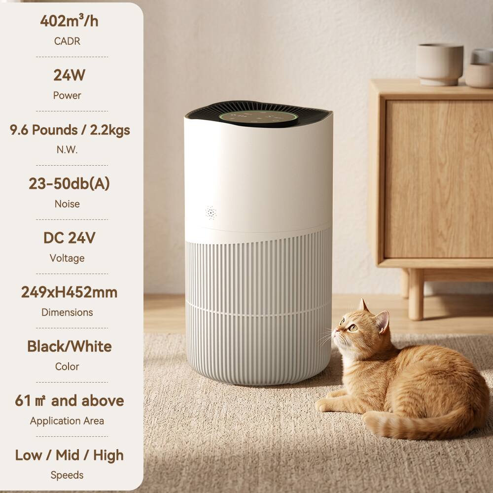 402m³/h CADR  
24W Power  
9.6 Pounds / 2.2kgs N.W.  
23-50db(A) Noise  
DC 24V Voltage  
249xH452mm Dimensions  
Black/White Color  
61 m² and above Application Area  
Low / Mid / High Speeds