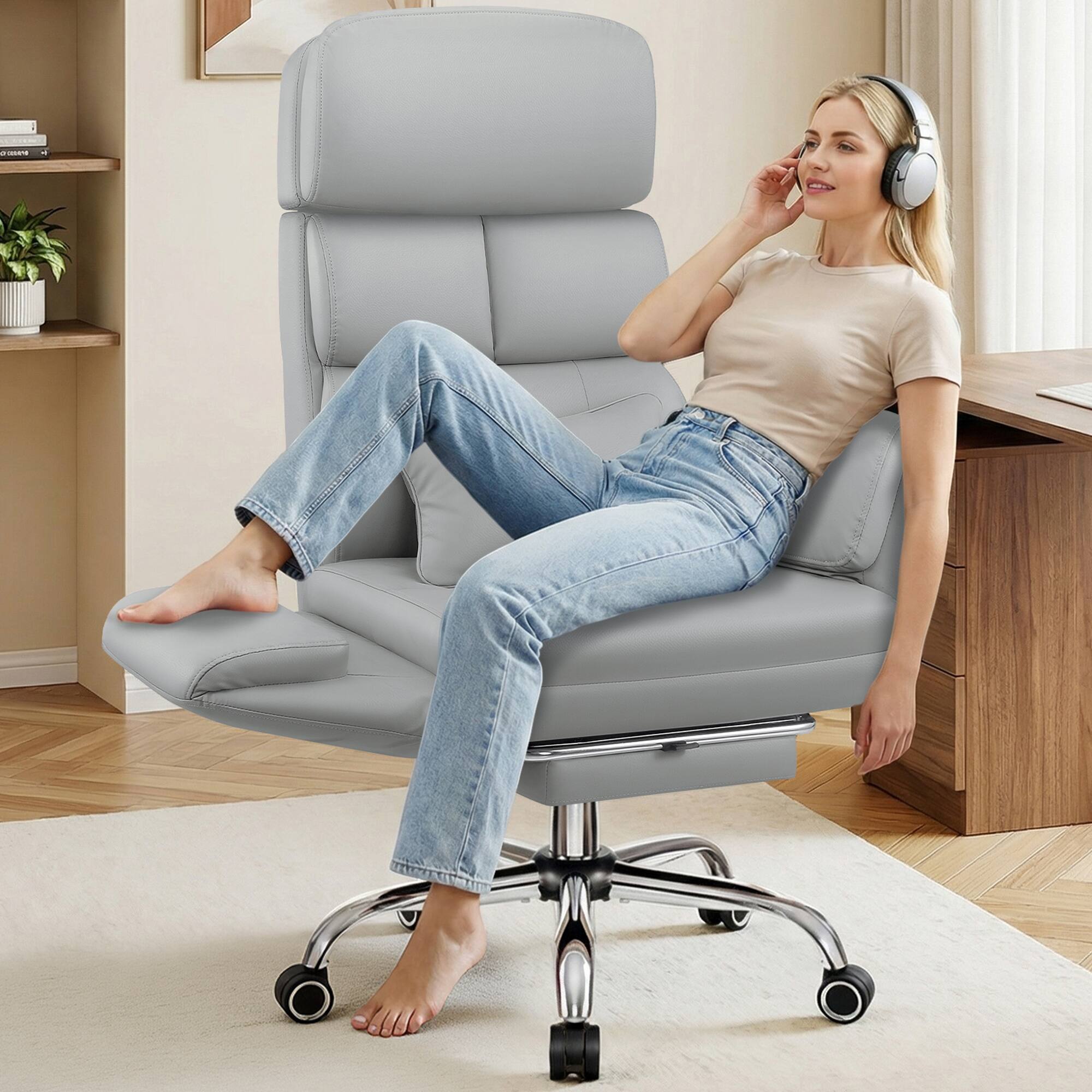 Brick Attic - 500LBS Leather Executive Office Chair, Reclining Swivel Criss Cross Chair with Armrests, High Back and Lumbar Support - Light Gray