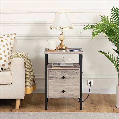 Left. Hivvago - Modern Black Metal Nightstand with Grey Wood Finish Drawers and Shelf - Grey.