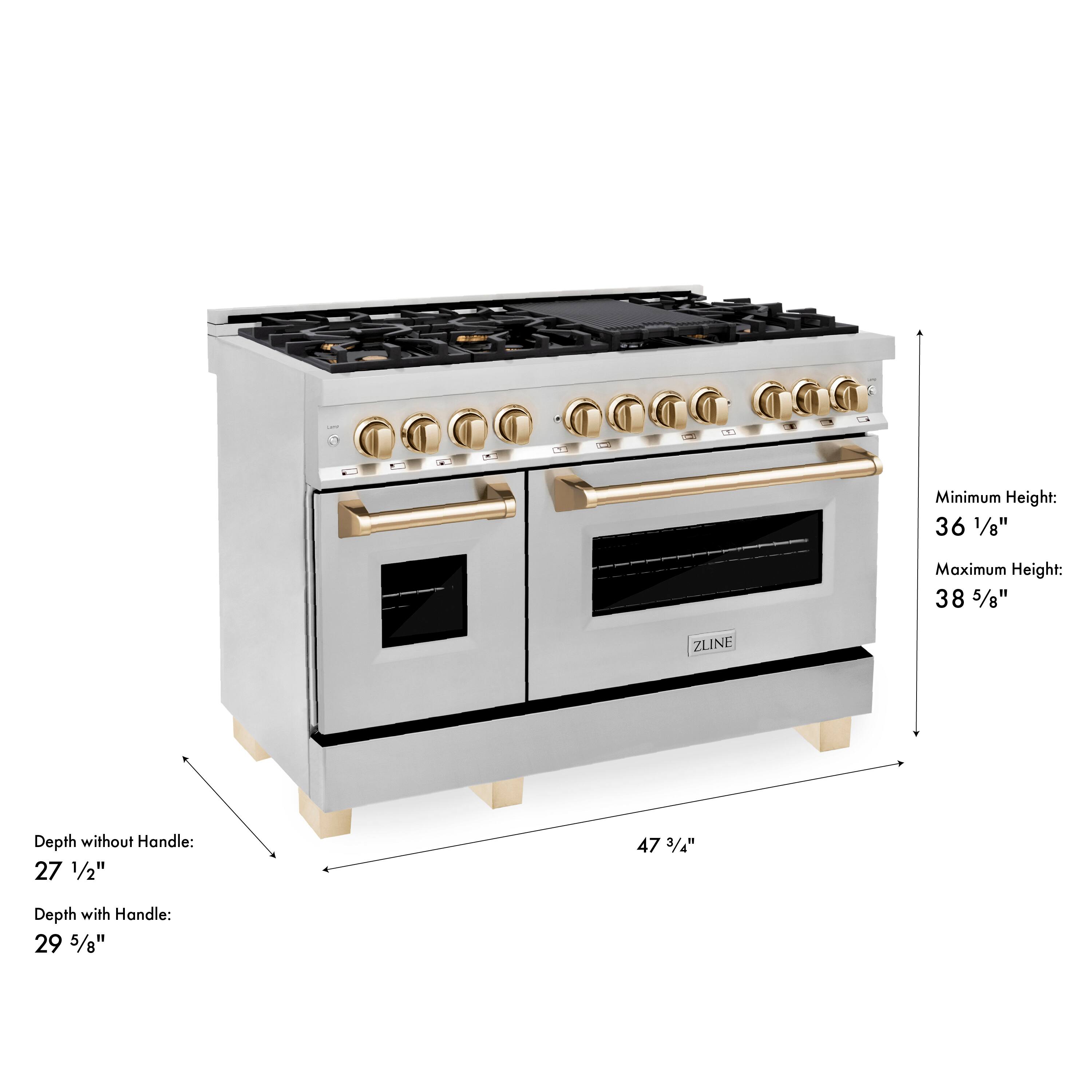 Minimum Height: 36 1/8"  
Maximum Height: 38 5/8"  
ZLINE Depth without Handle: 27 1/2"  
Depth with Handle: 29 5/8"