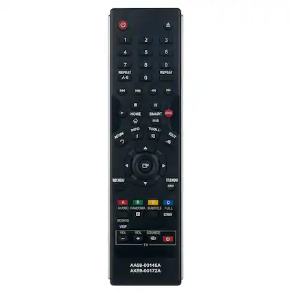 1 2 3 4 5 6 7 REPEAT A-B 8 0 9 REPEAT
HOME SMART HUB RETURN INFO TOOLS EXIT
DISC MENU TITLE MENU POPUP
A B C D
AUDIO PANDORA SUBTITLE FULL SCREEN
BONUS VIEW
VOL - VOL +
SOURCE TV
AA59-00145A AK59-00172A