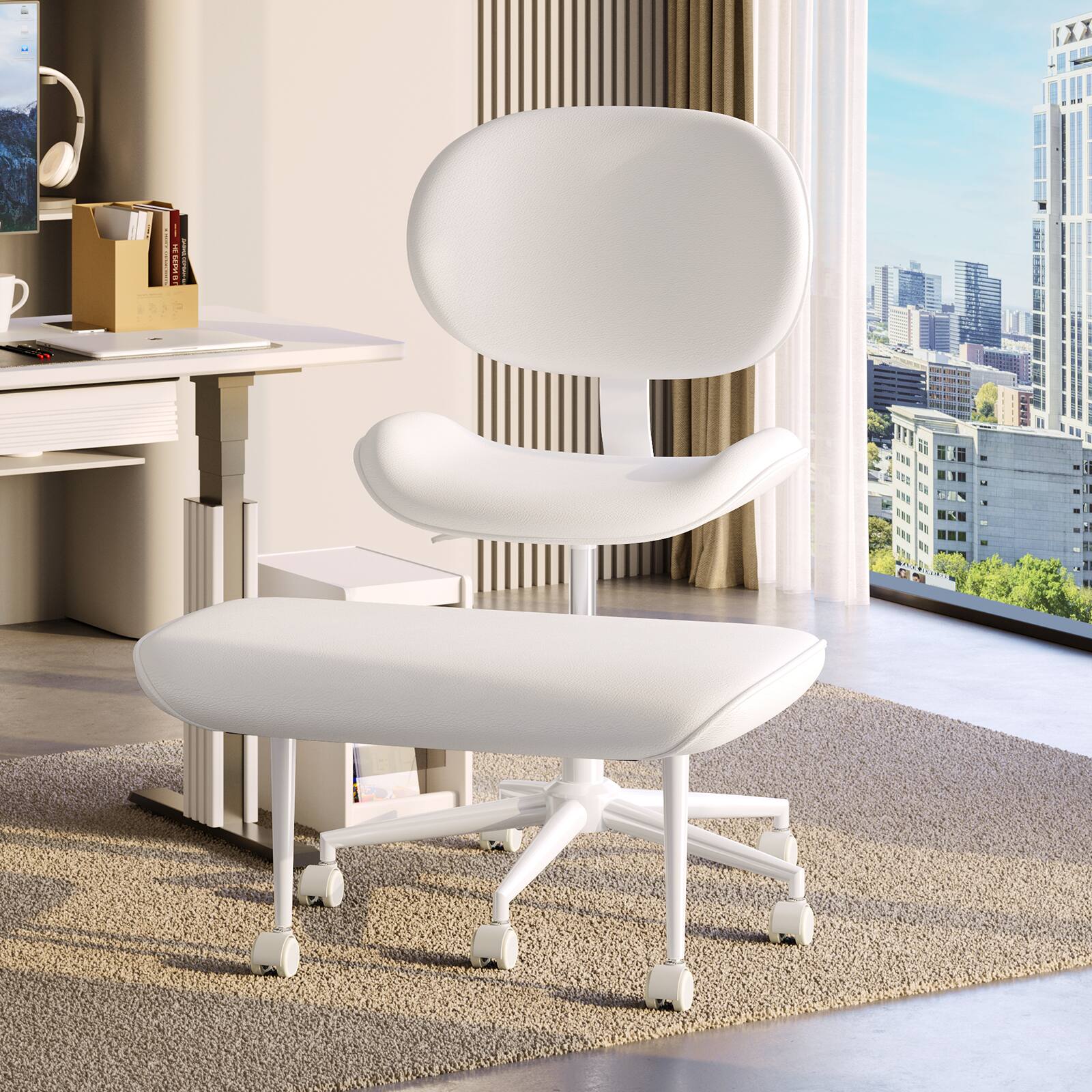 Pinmoco - Ergonomic Cross-Legged Swivel Chair, Adjustable PU Leather Meditation Chair - White