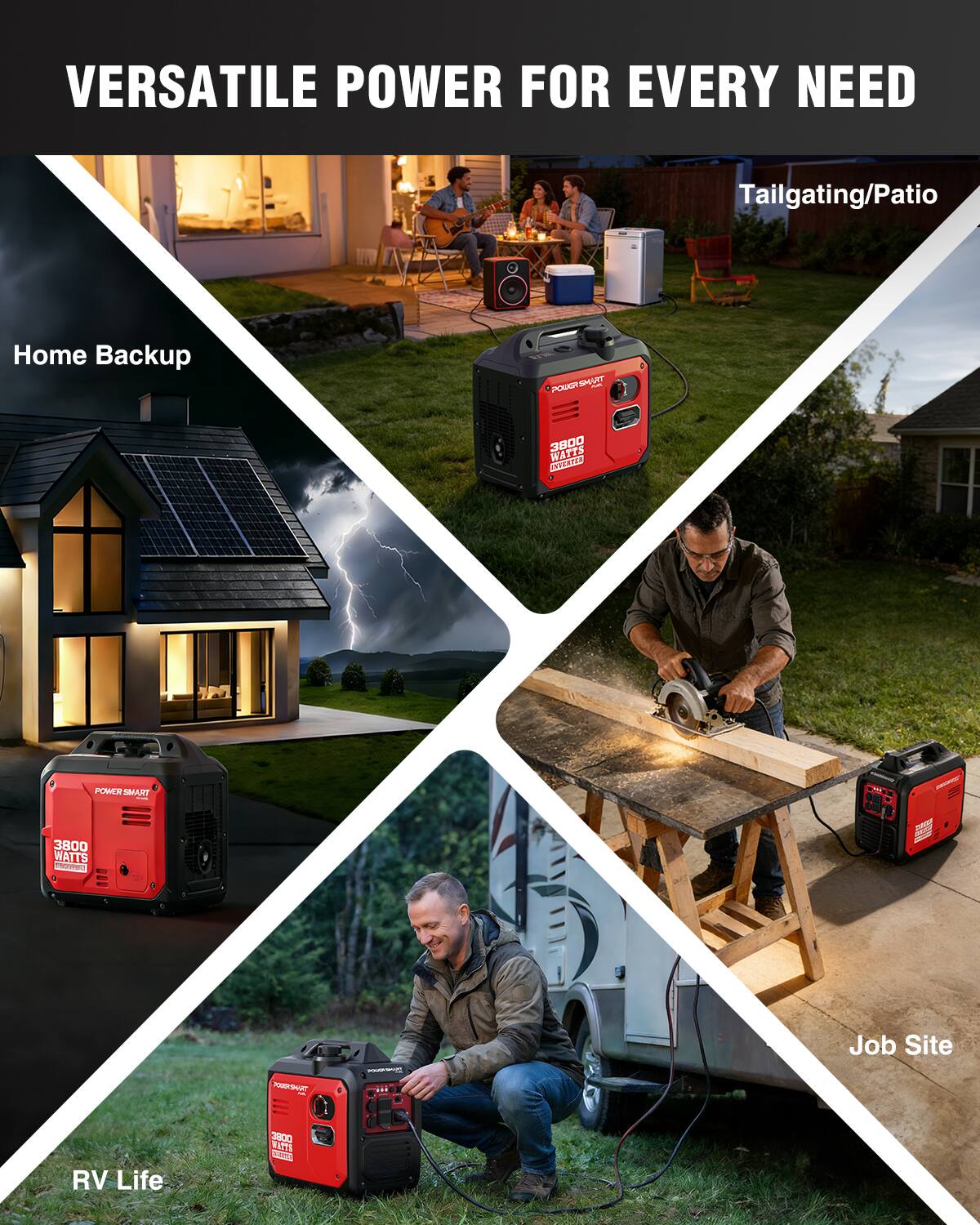 VERSATILE POWER FOR EVERY NEED

Tailgating/Patio

Home Backup

Job Site

RV Life