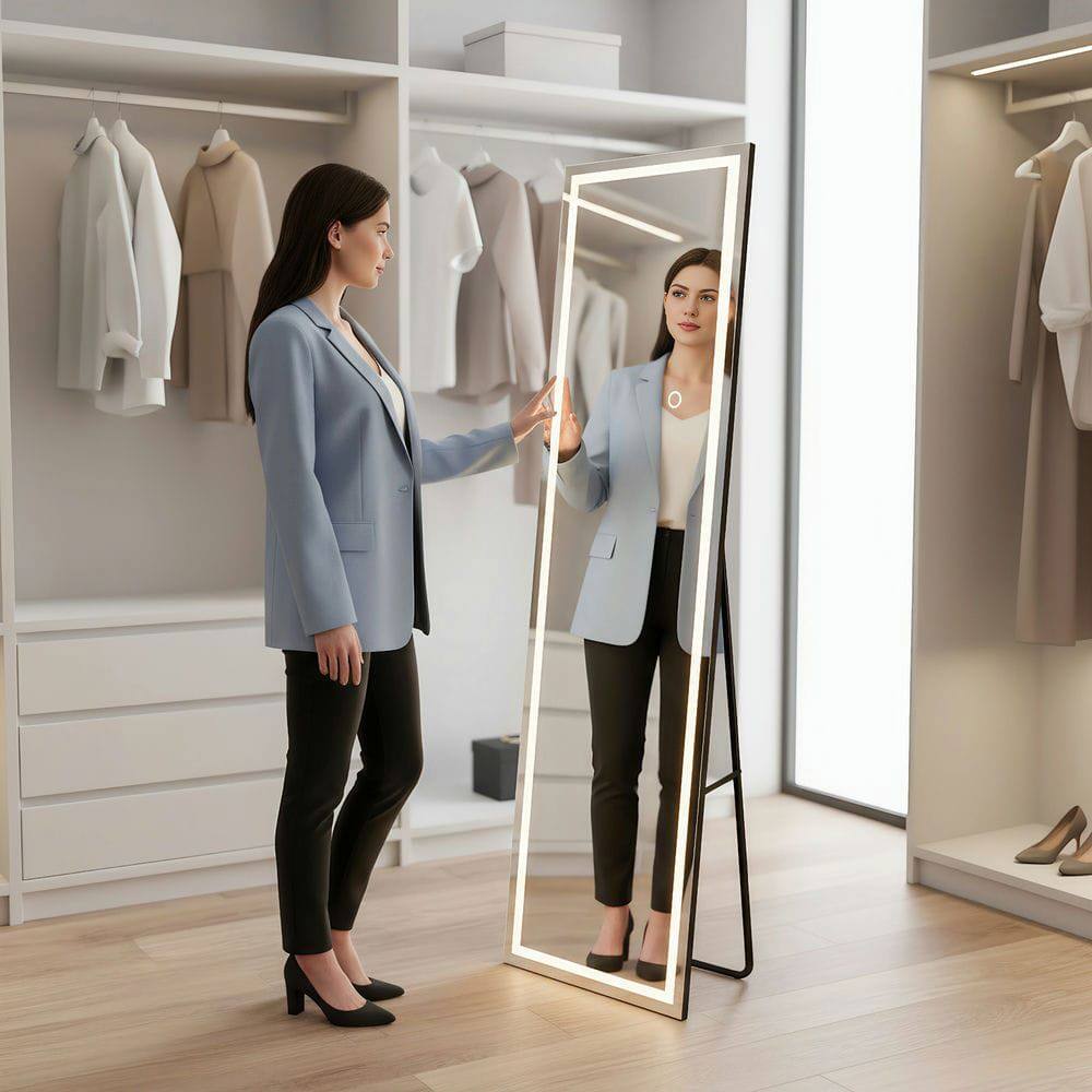 Alt View 6. Kadyn - 59x16 Inch Slim Frameless Vertical LED Wall Mirror for Contemporary Spaces - Black.