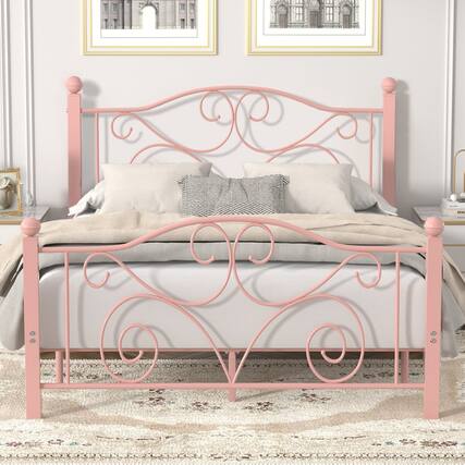 Front. Vecelo - Full Metal Bed Frame with Headboard & Footboard, Heavy Duty Steel Slats - No Box Spring, Easy Assembly,Pink - Pink.