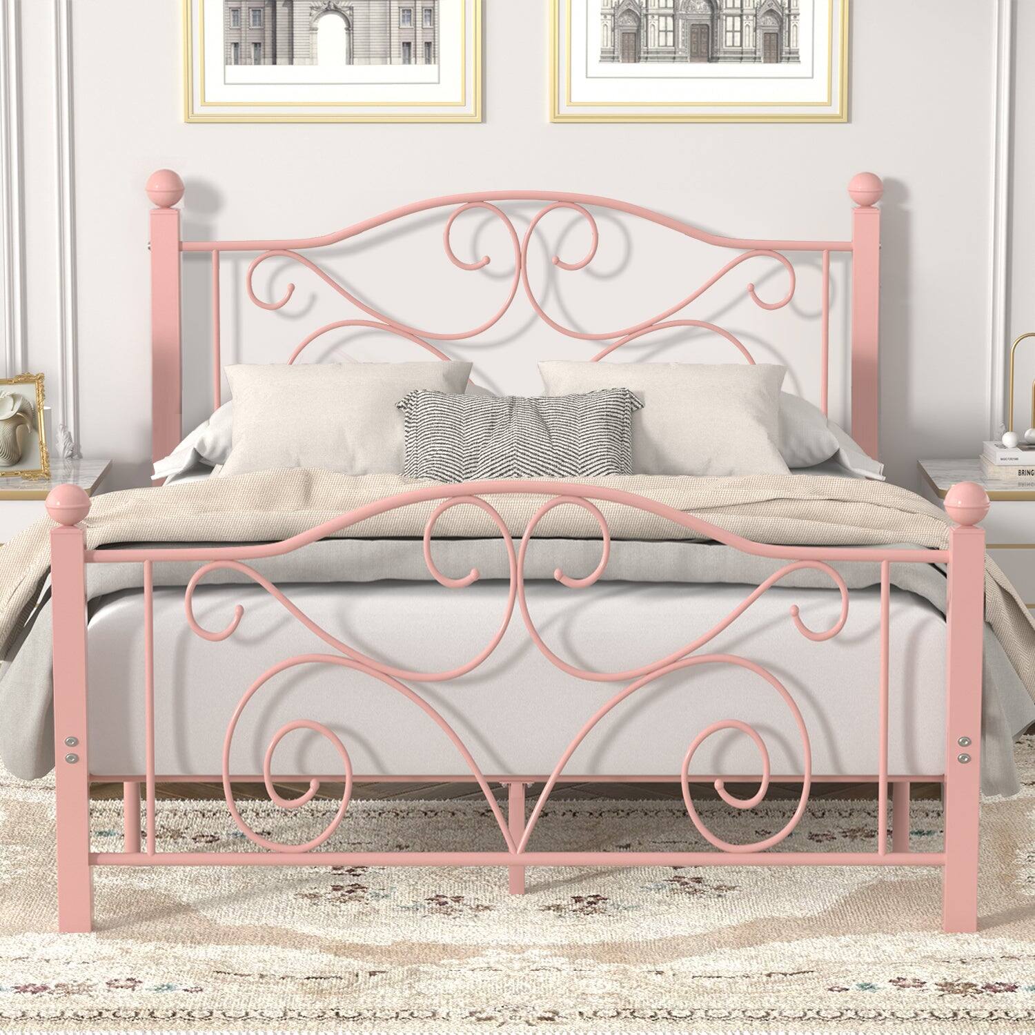 Front. Vecelo - Full Metal Bed Frame with Headboard & Footboard, Heavy Duty Steel Slats - No Box Spring, Easy Assembly,Pink - Pink.