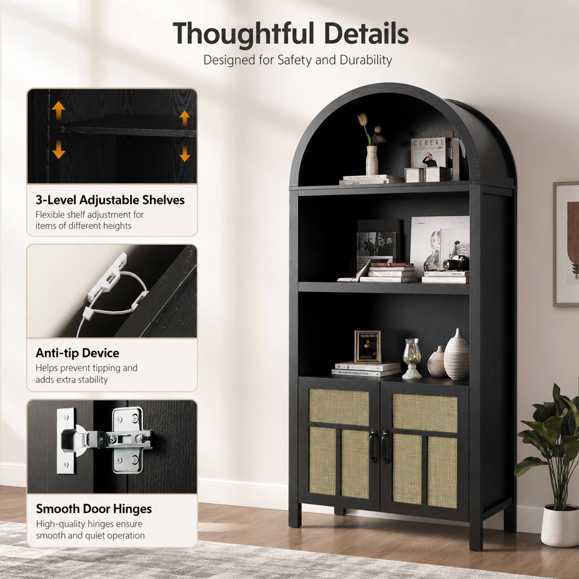 RYHNUYNE Freestanding 70 Inch Arched Storage Cabinet with Rattan Doors ...