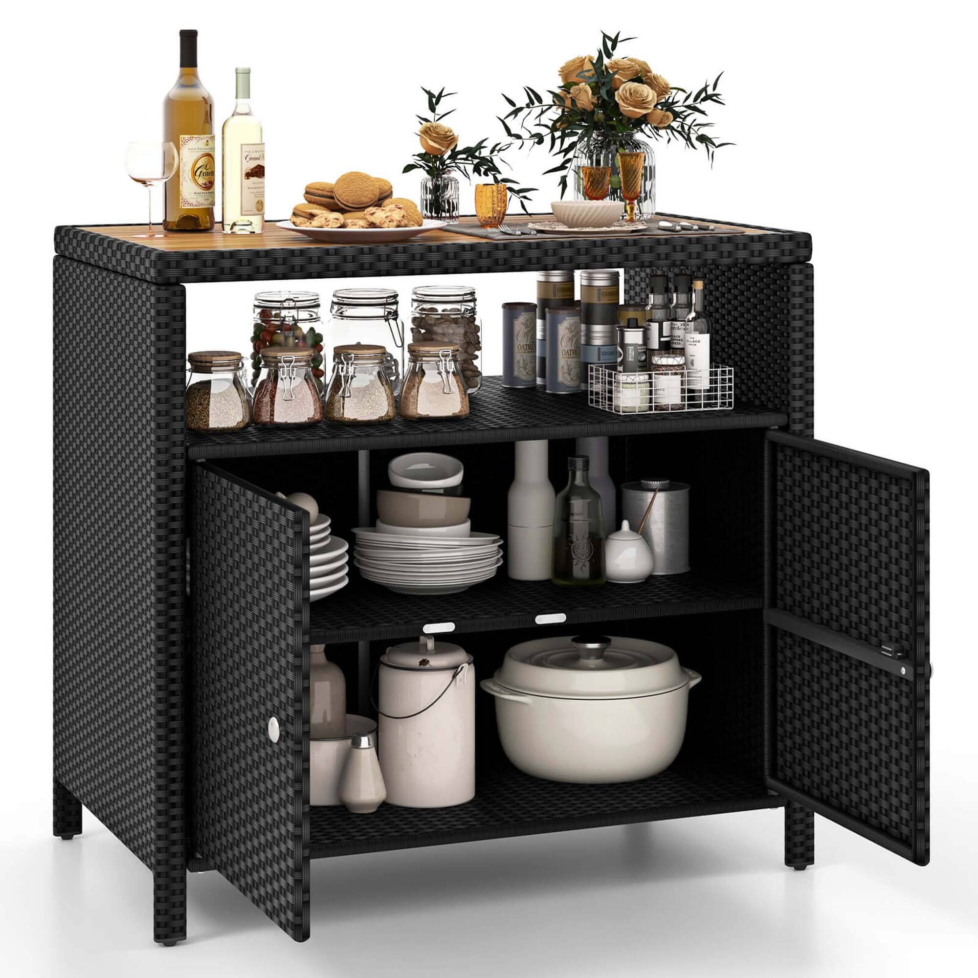 Alt View 6. Costway - Patio Rattan Storage Cabinet with Acacia Wood Countertop Open Shelf 2 Door Cabinet - Black + Natural.