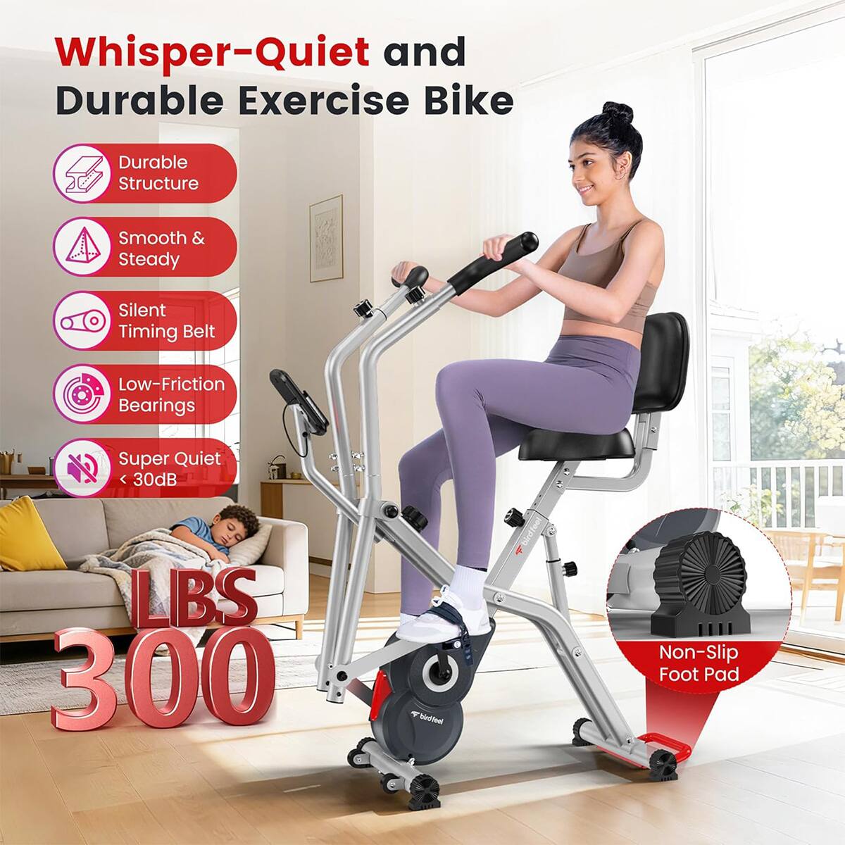Whisper-Quiet and Durable Exercise Bike

- Durable Structure
- Smooth & Steady
- Silent Timing Belt
- Low-Friction Bearings
- Super Quiet < 30dB
- LBS 300
- Non-Slip Foot Pad