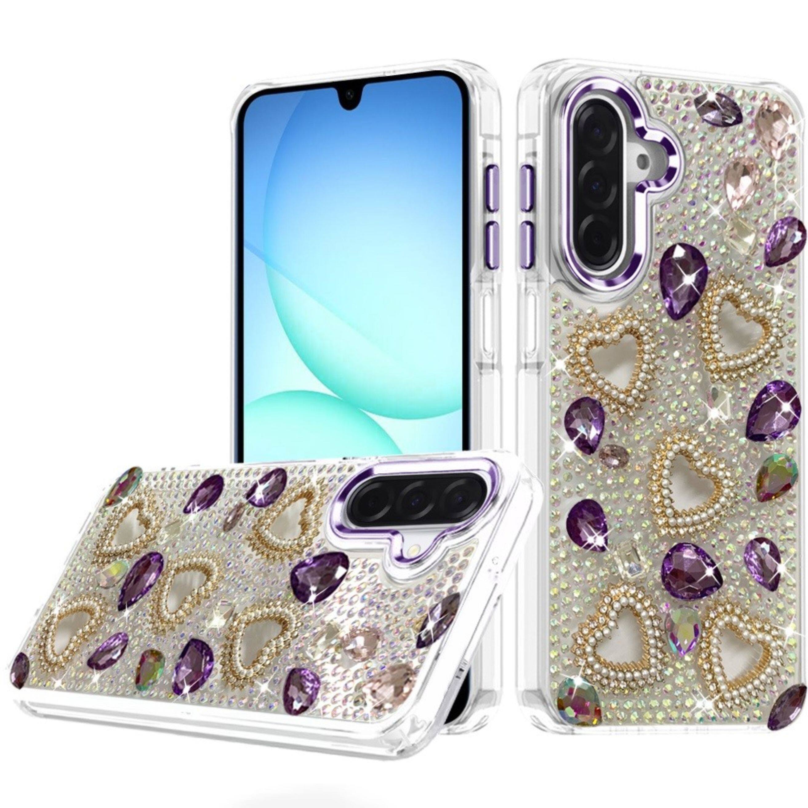 Angle. Kitcheniva - Hearts 3D Jewel Phone Case With Tempered Glass For Samsung Galaxy A17 5G Dark Purple - Dark Purple.