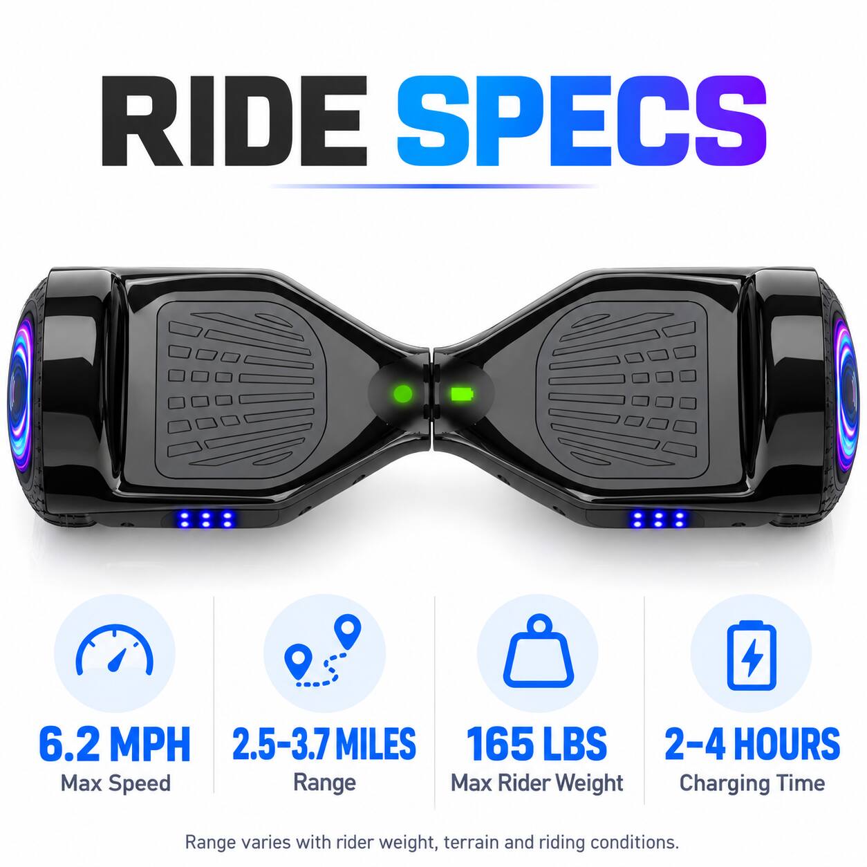 RIDE SPECS

6.2 MPH
2.5-3.7 MILES
165 LBS Max Speed
Range
Max Rider Weight
2-4 HOURS Charging Time

Range varies with rider weight, terrain and riding conditions.