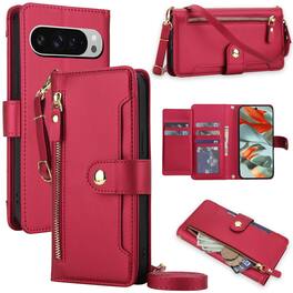 Dteck - Zipper Wallet Case for Google Pixel 9 Pro XL,Detachable Crossbody Flip Faux Leather Card Slots Kickstand Cover+Lanyard - Red