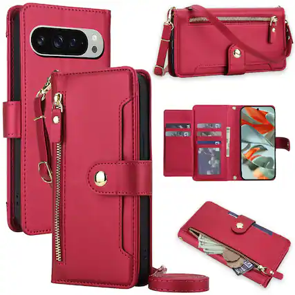 Front. Dteck - Zipper Wallet Case for Google Pixel 9 Pro XL,Detachable Crossbody Flip Faux Leather Card Slots Kickstand Cover+Lanyard - Red.