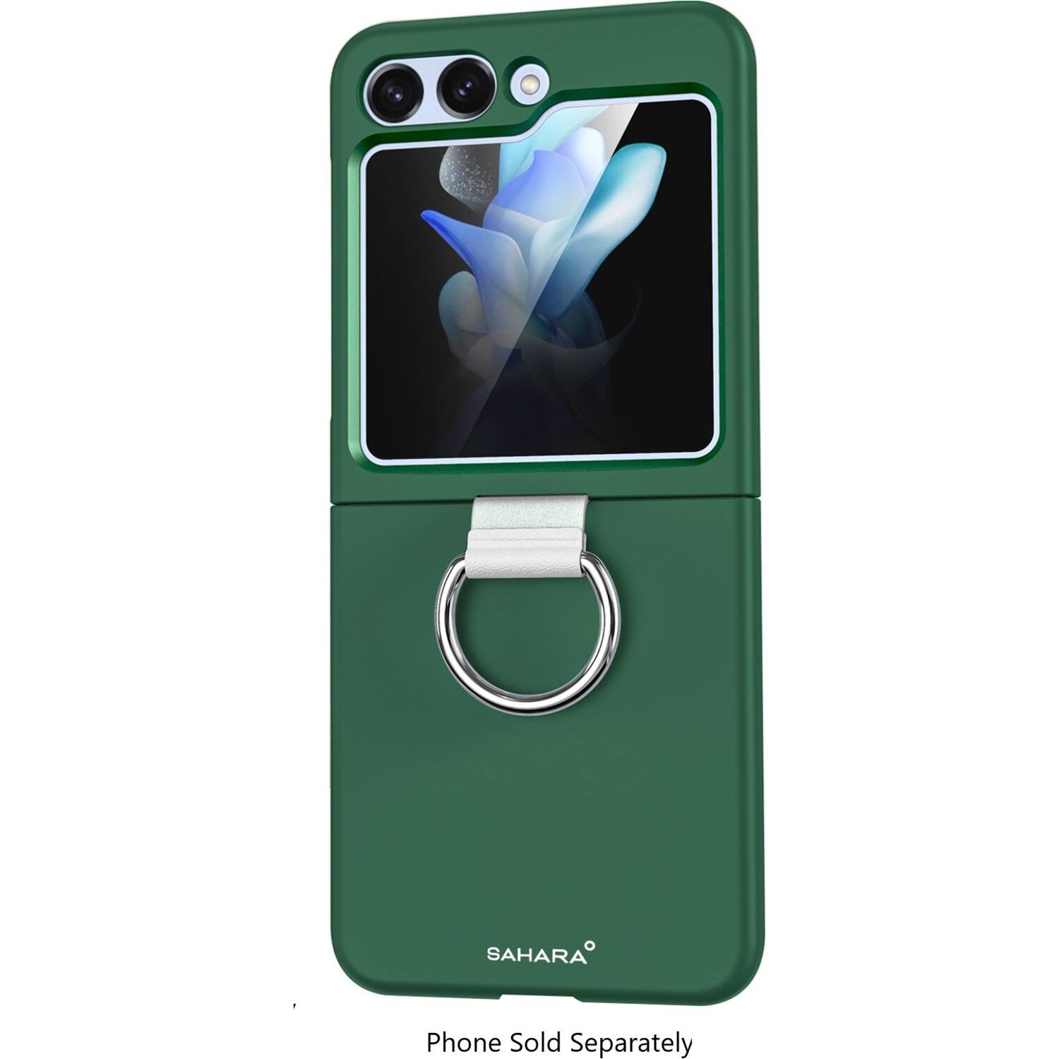 The image shows a green phone case with a picture of a flower on it. The case is designed to hold a smartphone, and it has a ring attached to it. The case is made by the company Bahara.