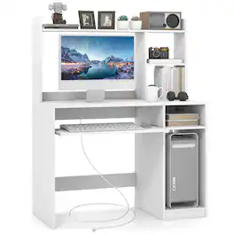 Gymax - Computer Desk w/ Built-in Charge Station Wooden Writing Desk w/ Storage Hutch - White