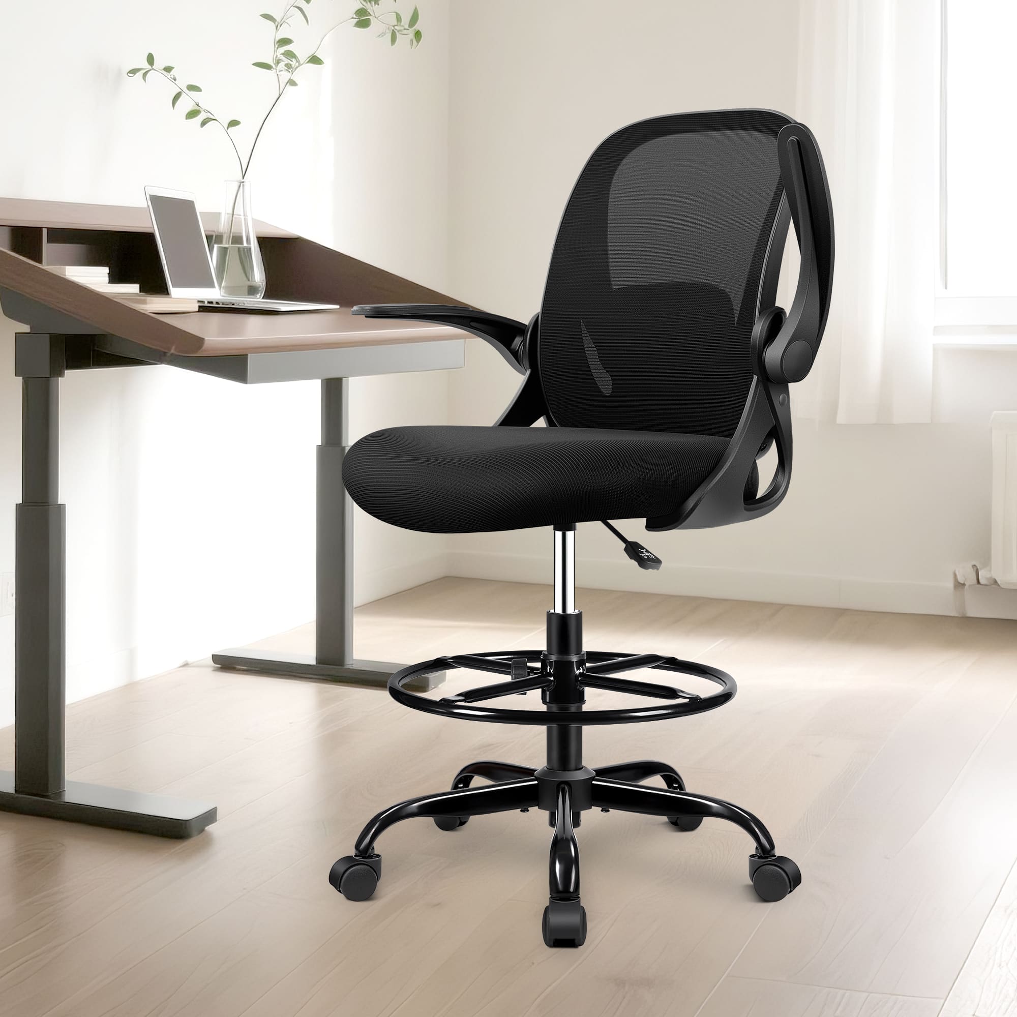 KERDOM - Drafting Chair Tall Office Chair with Flip-up Armrests Ergonomic Standing Desk Chair with Lumbar Support & Footrest Ring - Black