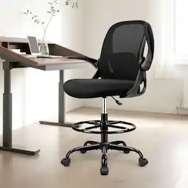 KERDOM - Drafting Chair Tall Office Chair with Flip-up Armrests Ergonomic Standing Desk Chair with Lumbar Support & Footrest Ring - Black