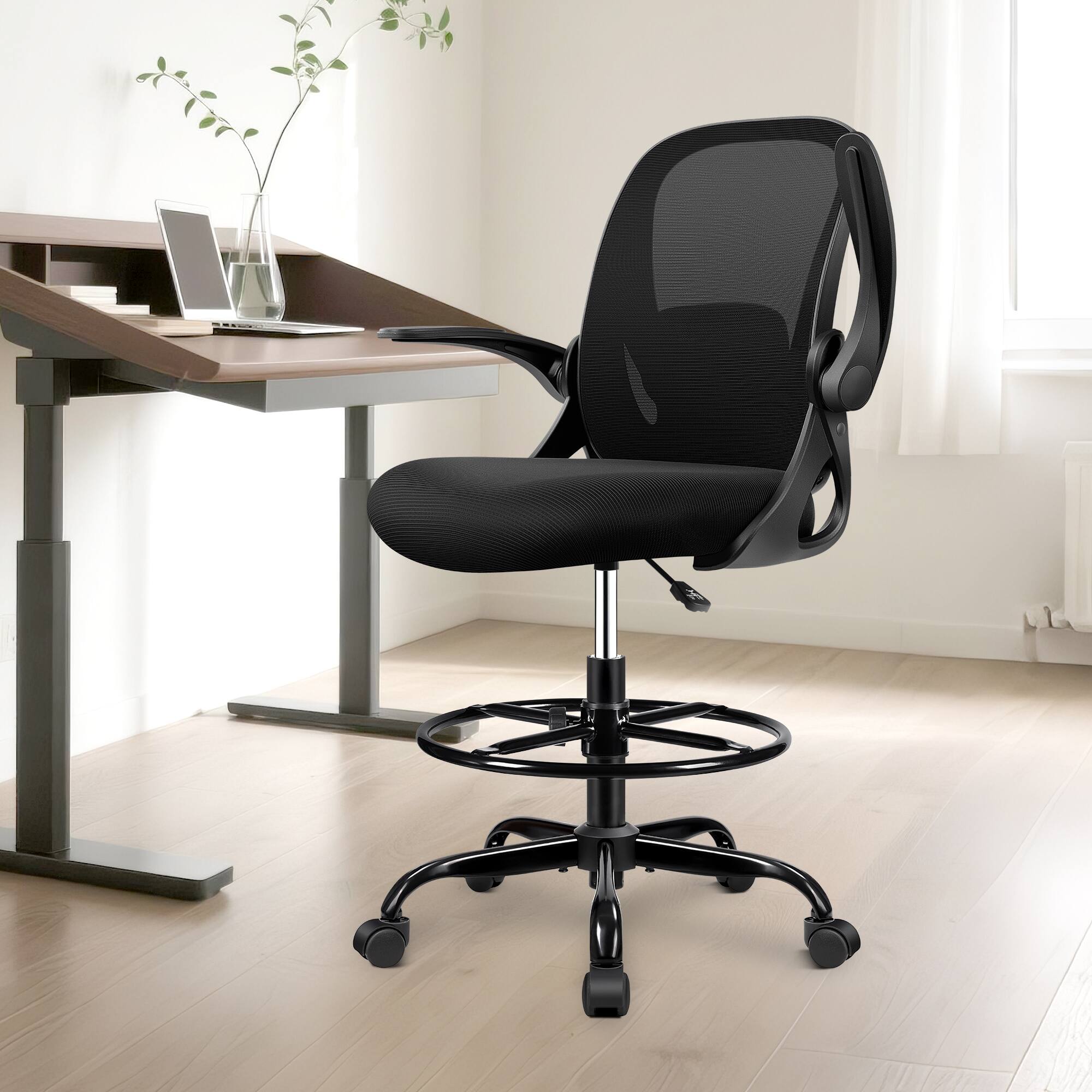Front. KERDOM - Drafting Chair Tall Office Chair with Flip-up Armrests Ergonomic Standing Desk Chair with Lumbar Support & Footrest Ring - Black.